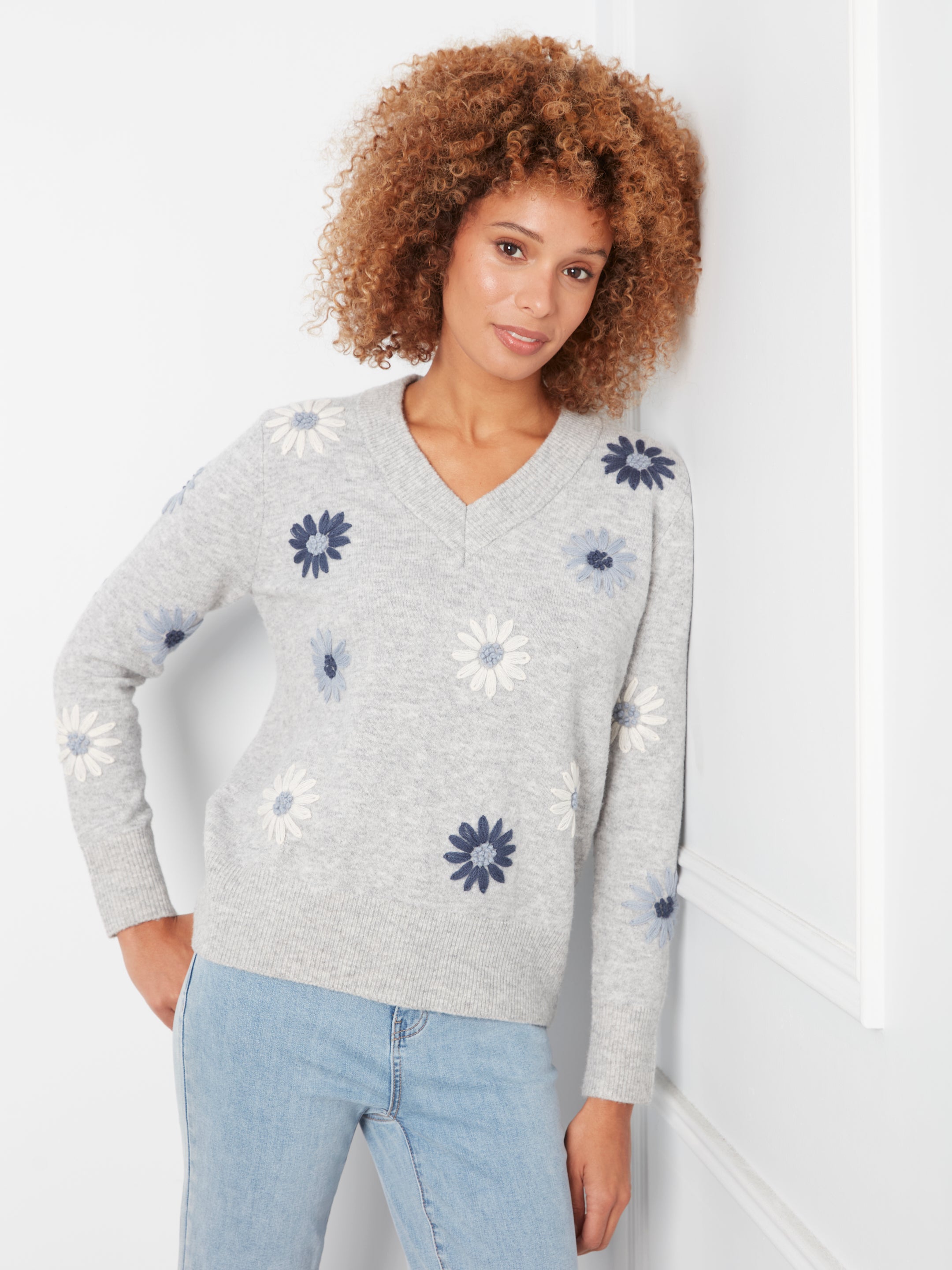 Embroidered V-Neck Sweater with Wide Rib Cuff & Hem