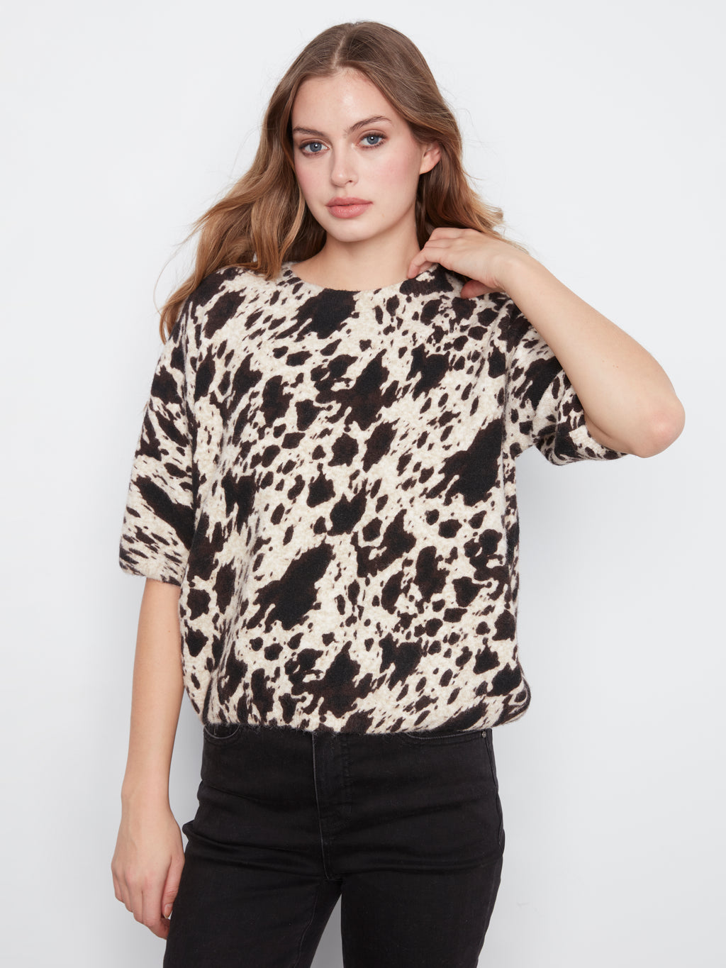 Elbow Sleeve Balloon Shape Printed Sweater