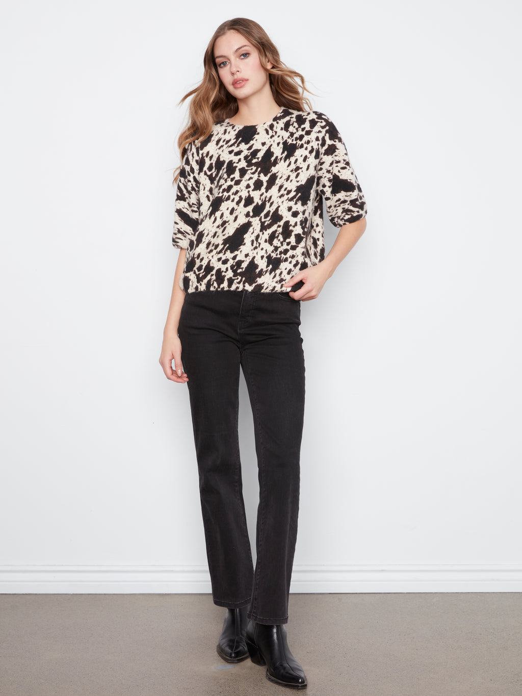 Elbow Sleeve Balloon Shape Printed Sweater