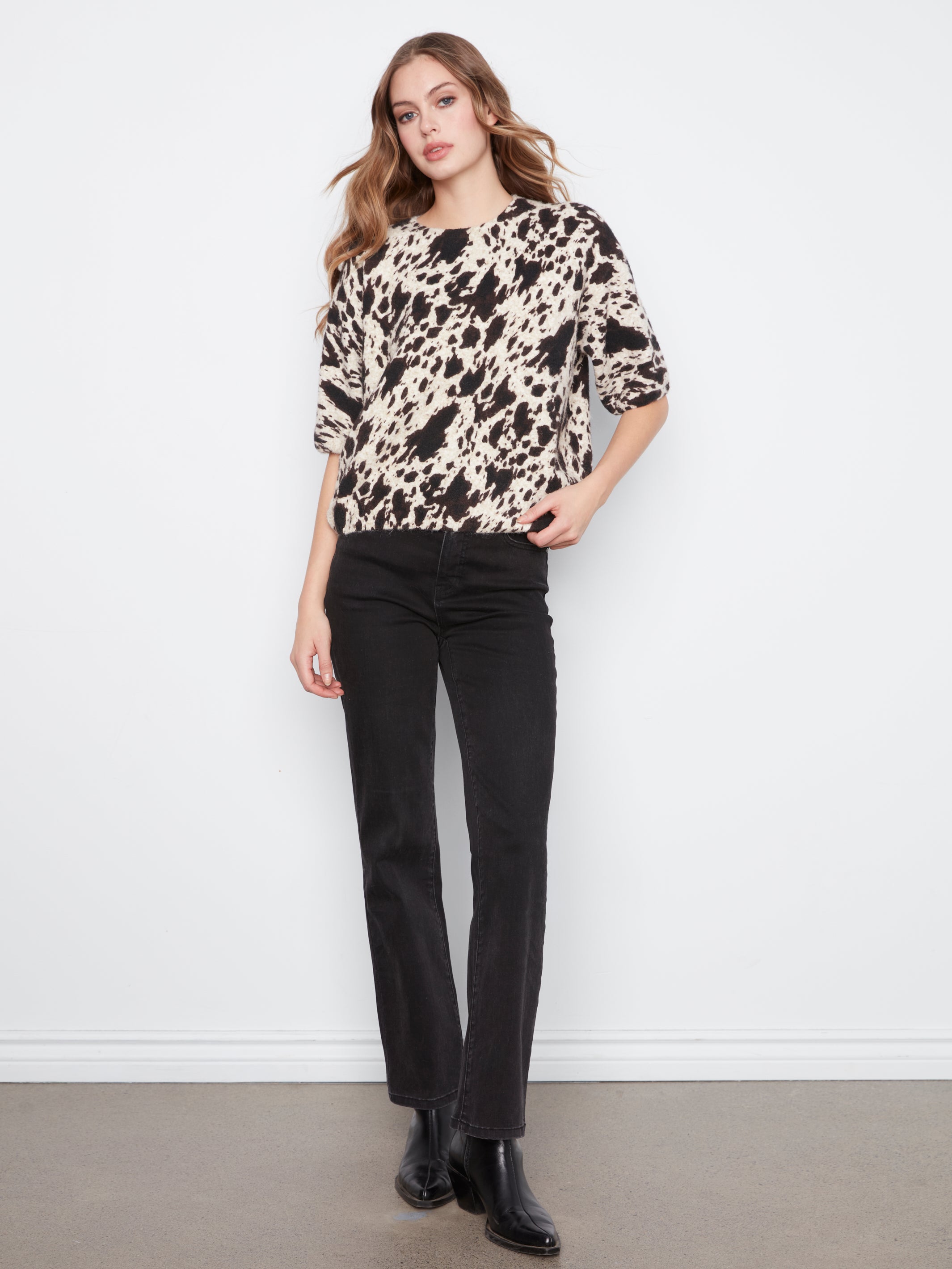 Elbow Sleeve Balloon Shape Printed Sweater