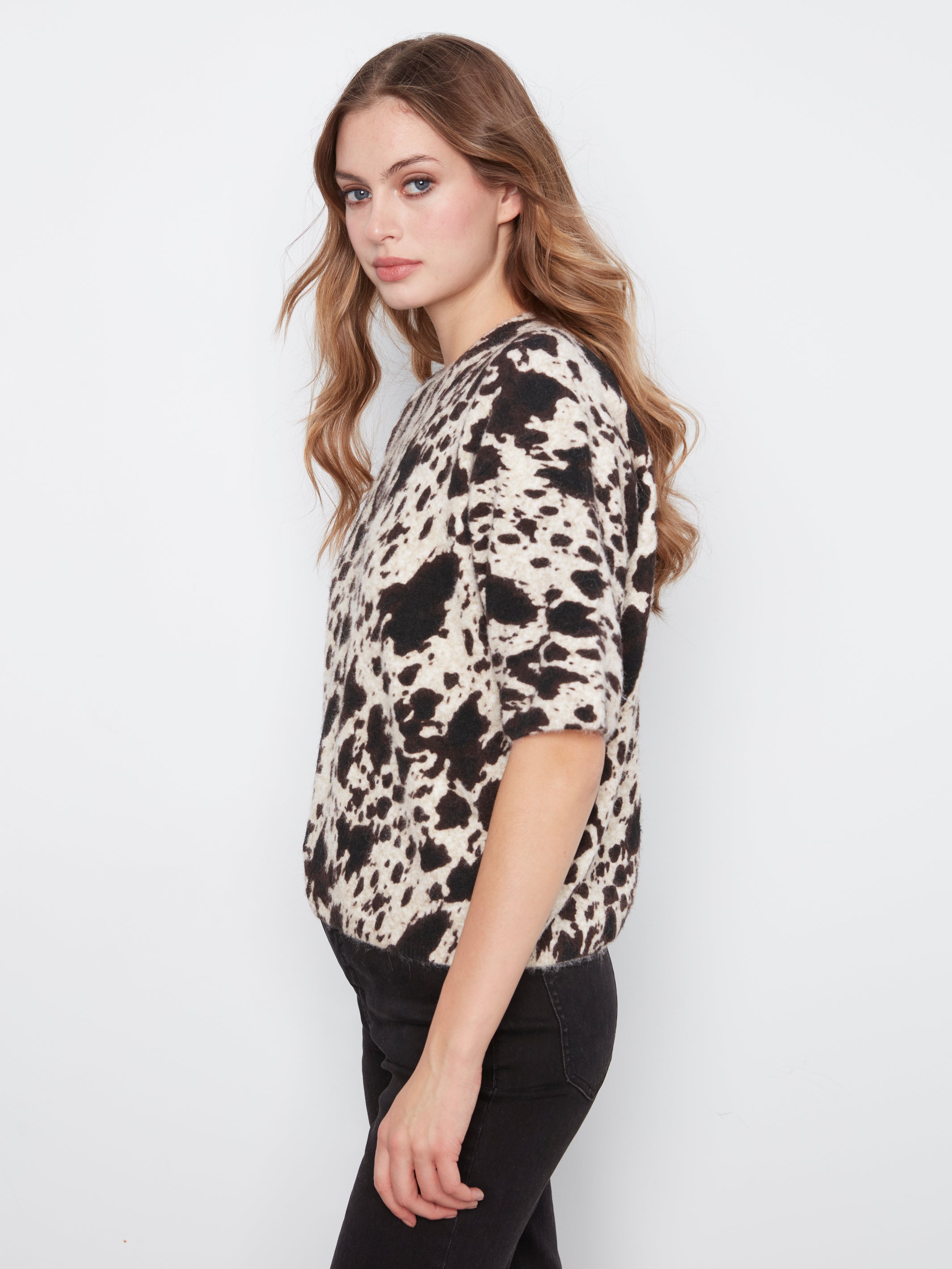 Elbow Sleeve Balloon Shape Printed Sweater