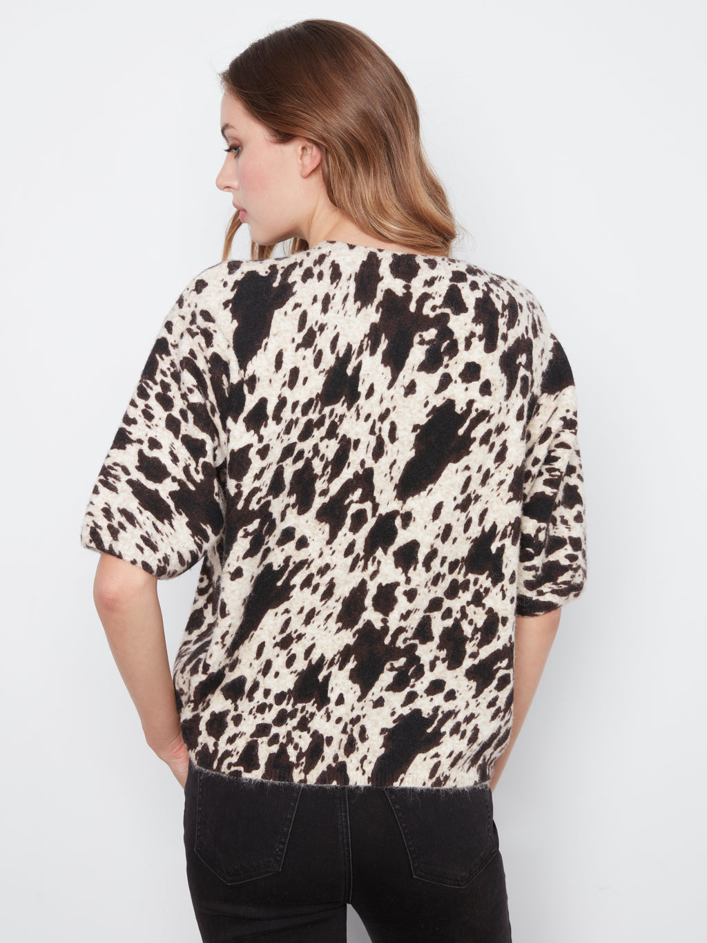 Elbow Sleeve Balloon Shape Printed Sweater