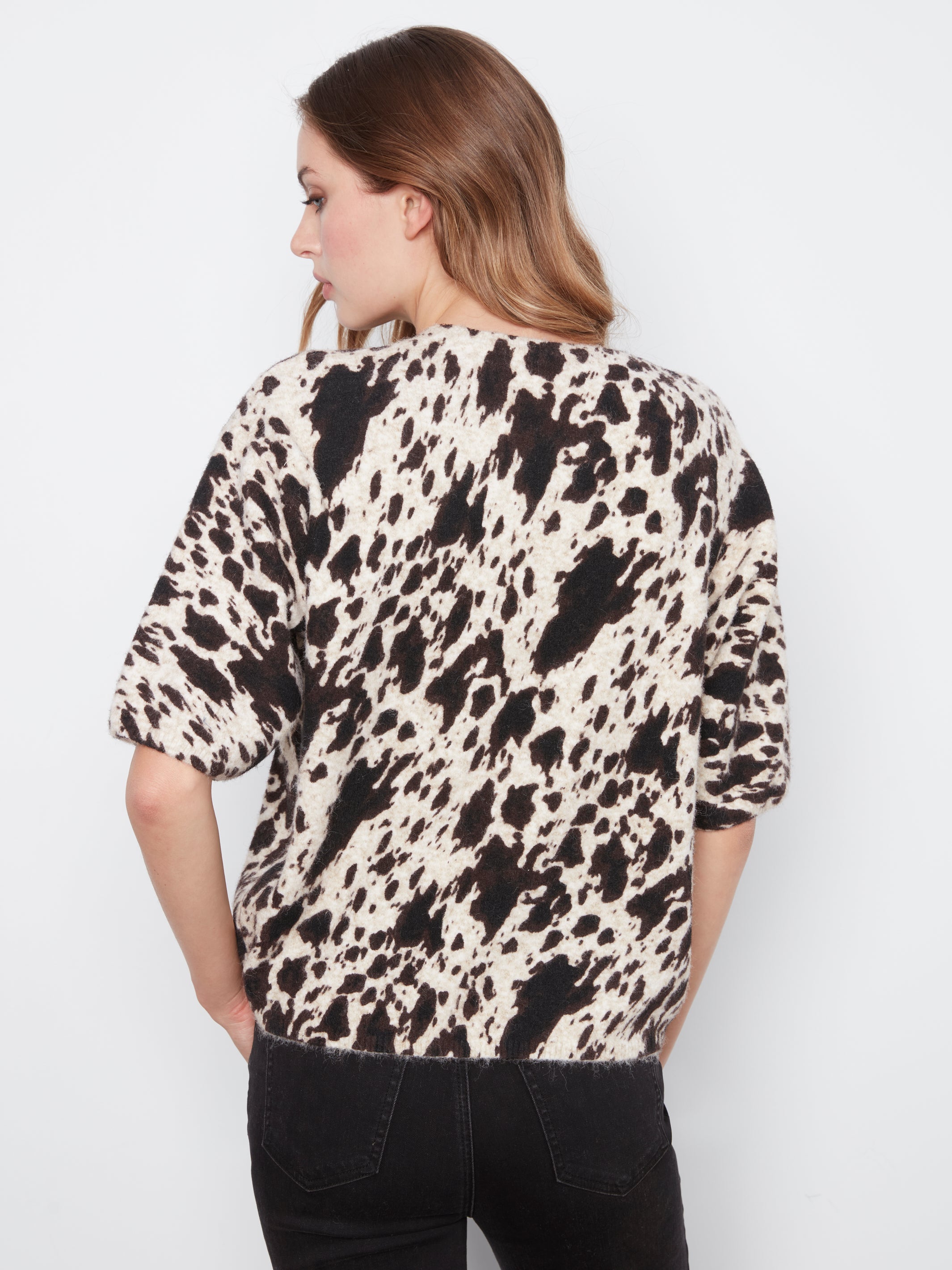 Elbow Sleeve Balloon Shape Printed Sweater
