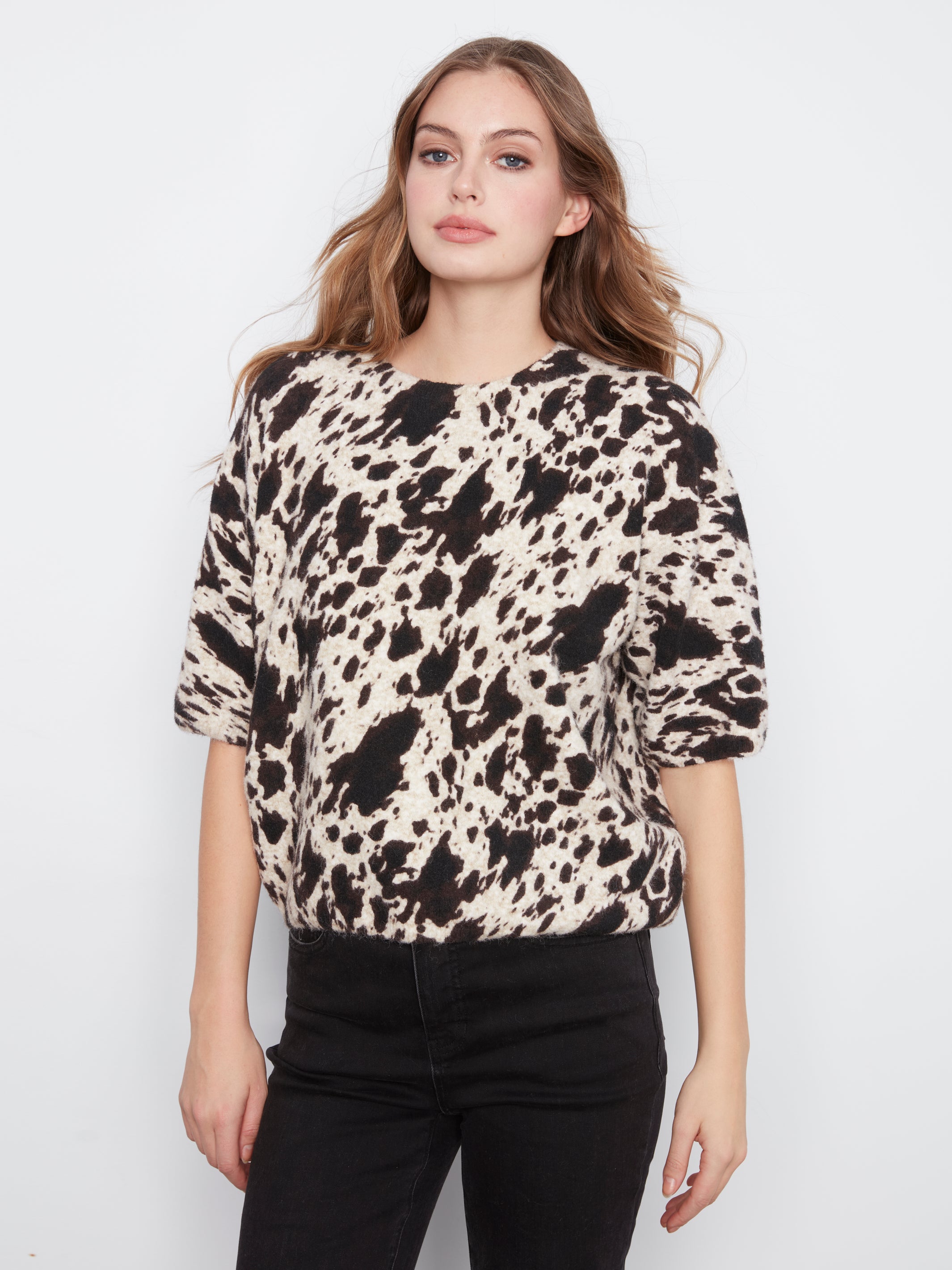 Elbow Sleeve Balloon Shape Printed Sweater