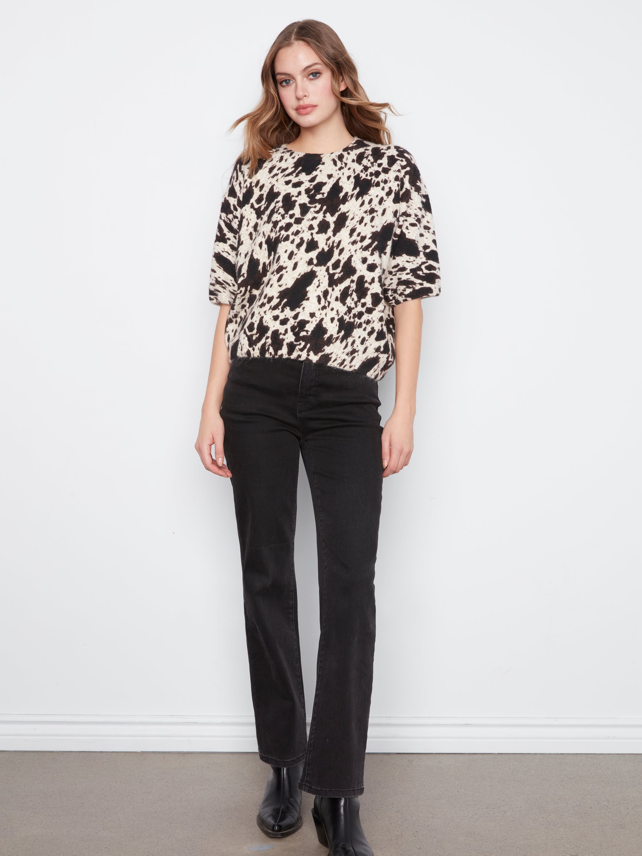Elbow Sleeve Balloon Shape Printed Sweater