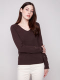 Ribbed V-Neck Sweater with Heart Rivets