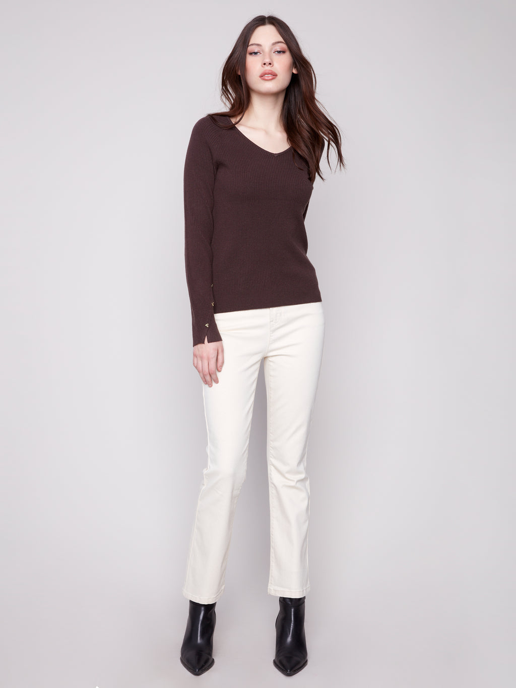 Ribbed V-Neck Sweater with Heart Rivets