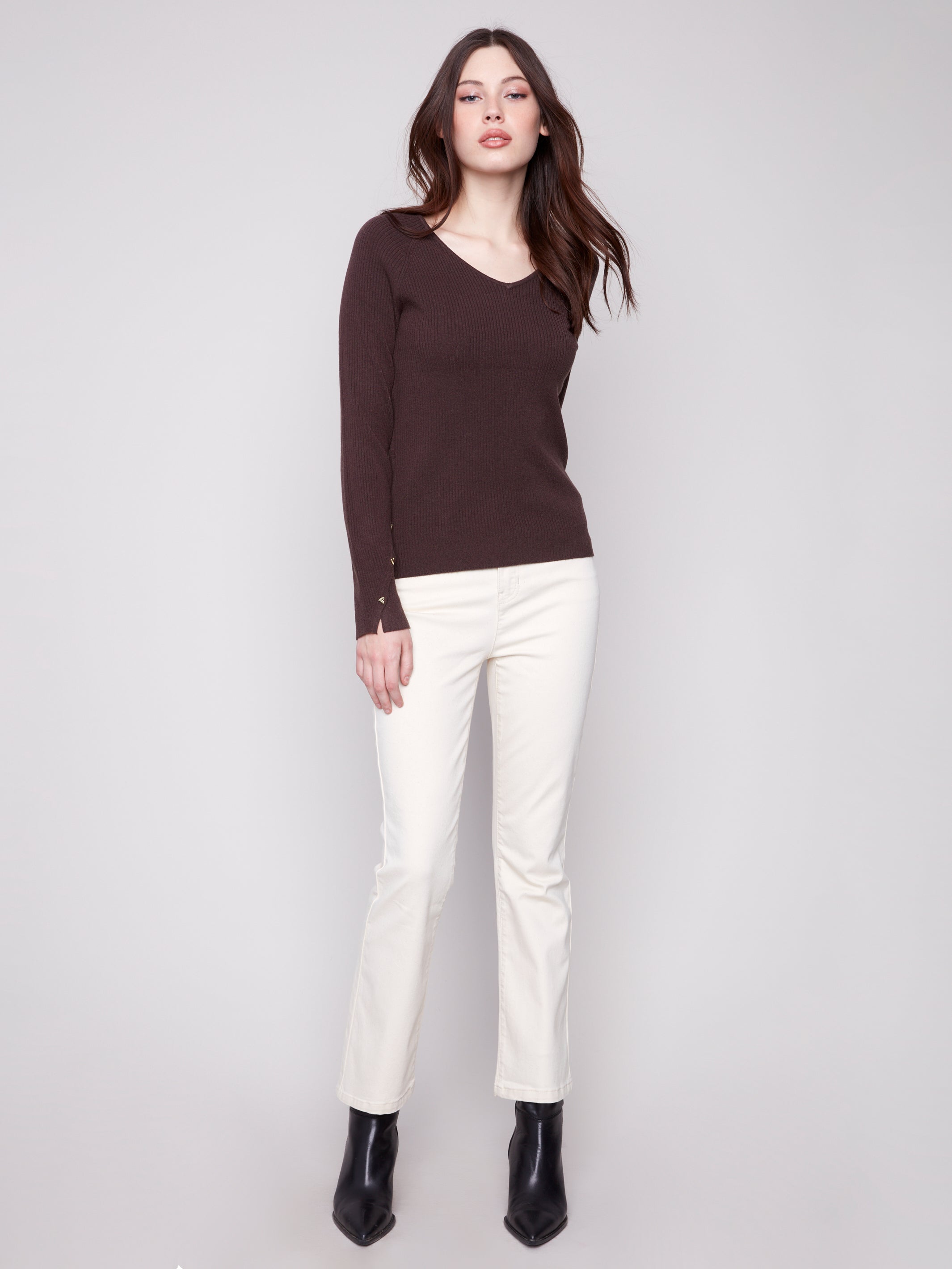 Ribbed V-Neck Sweater with Heart Rivets