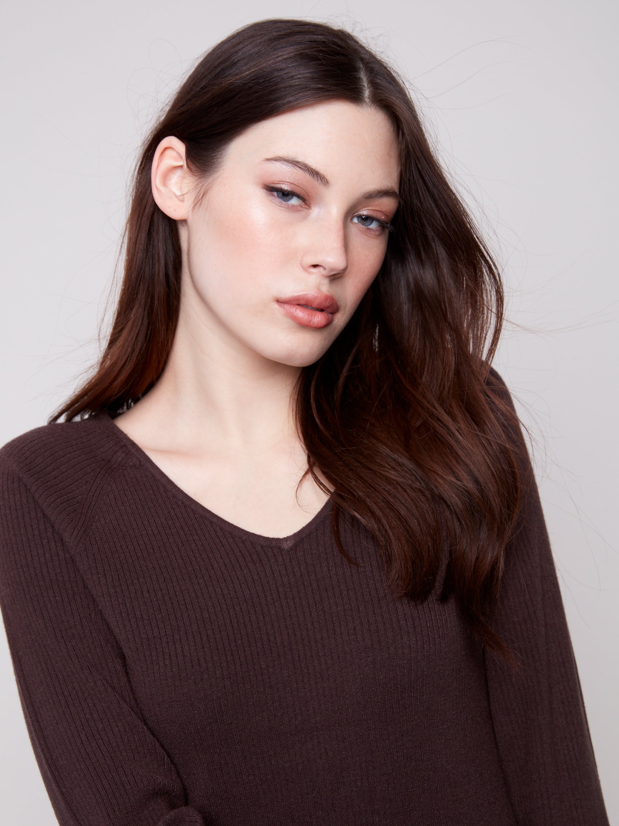 Ribbed V-Neck Sweater with Heart Rivets