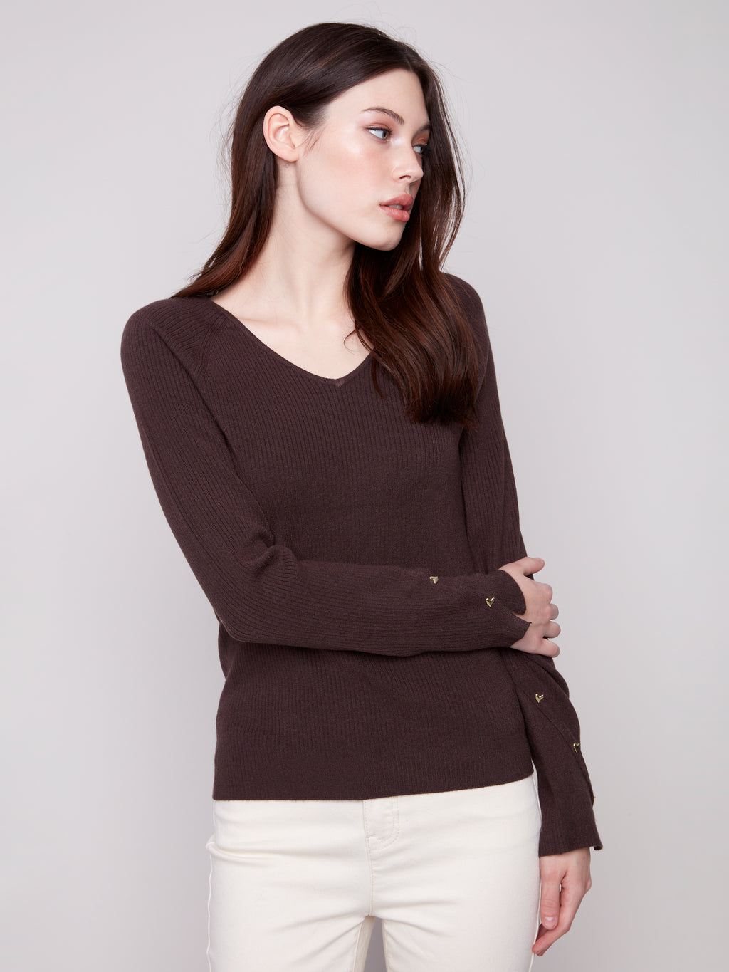 Ribbed V-Neck Sweater with Heart Rivets