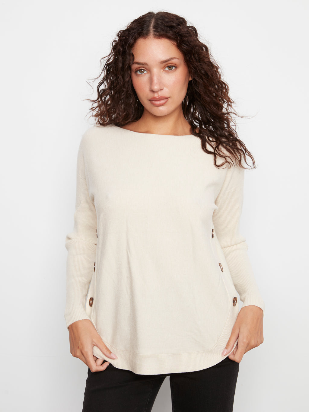 Boat Neck Sweater with Side Buttons