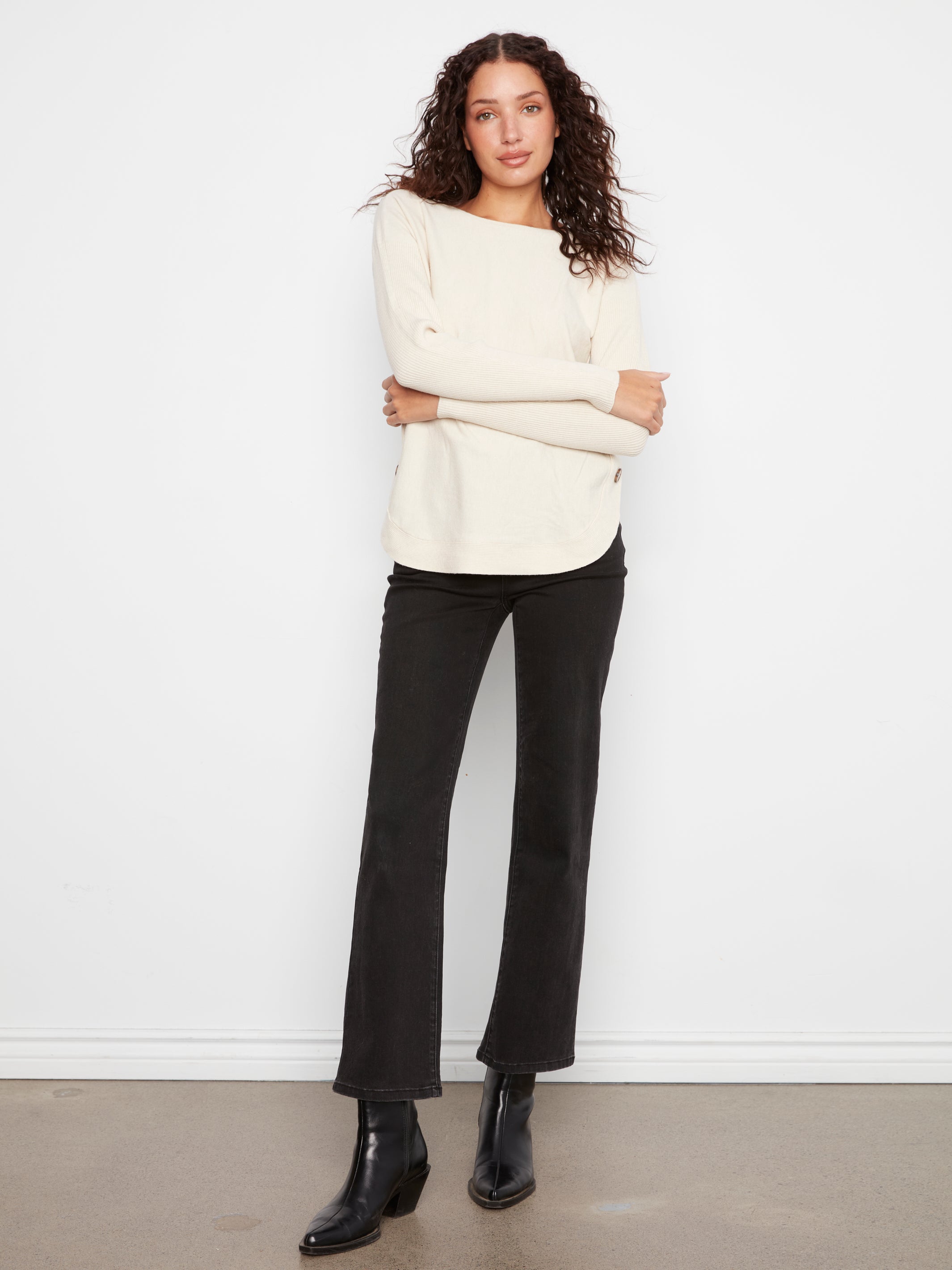 Boat Neck Sweater with Side Buttons