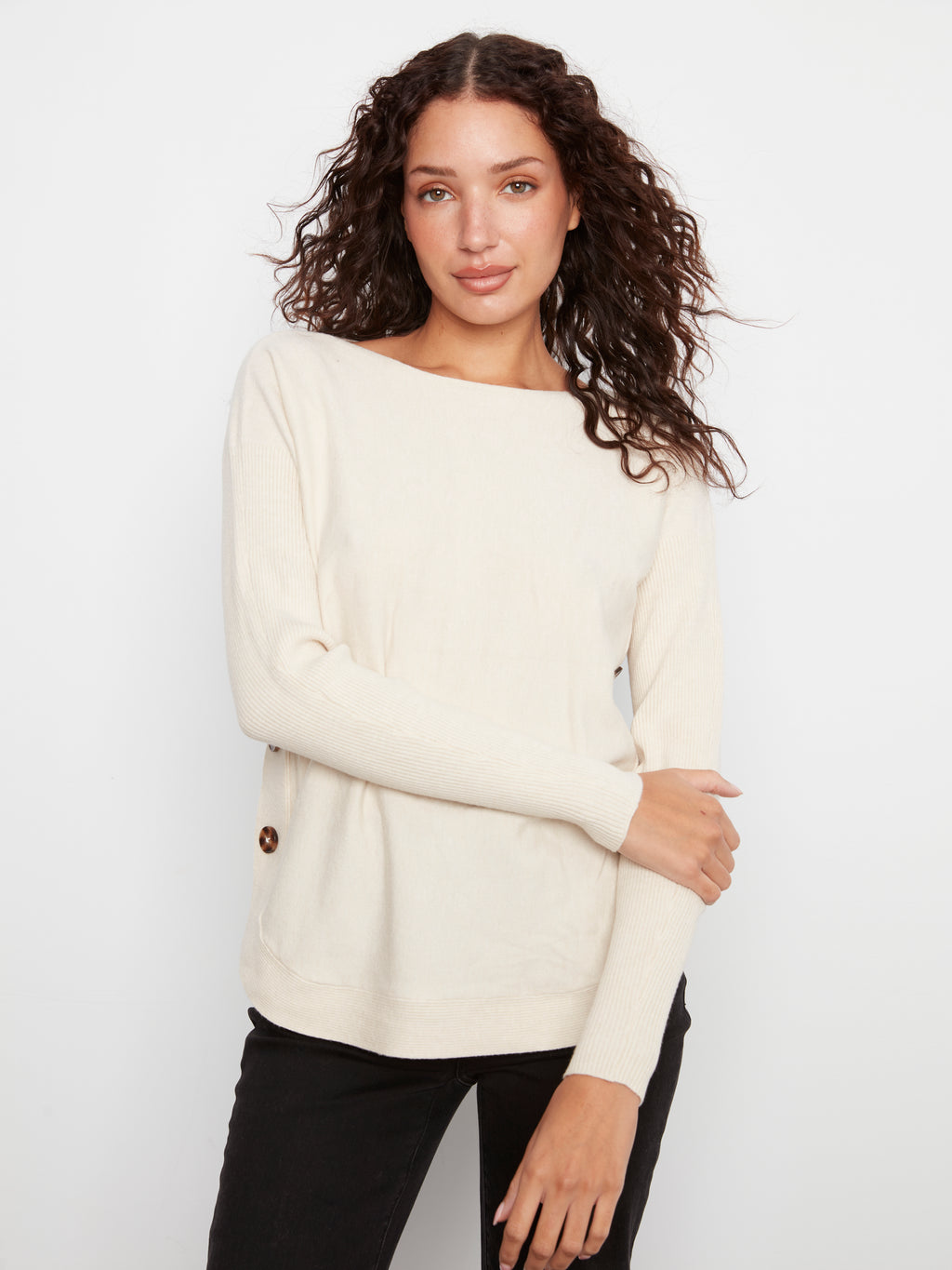Boat Neck Sweater with Side Buttons