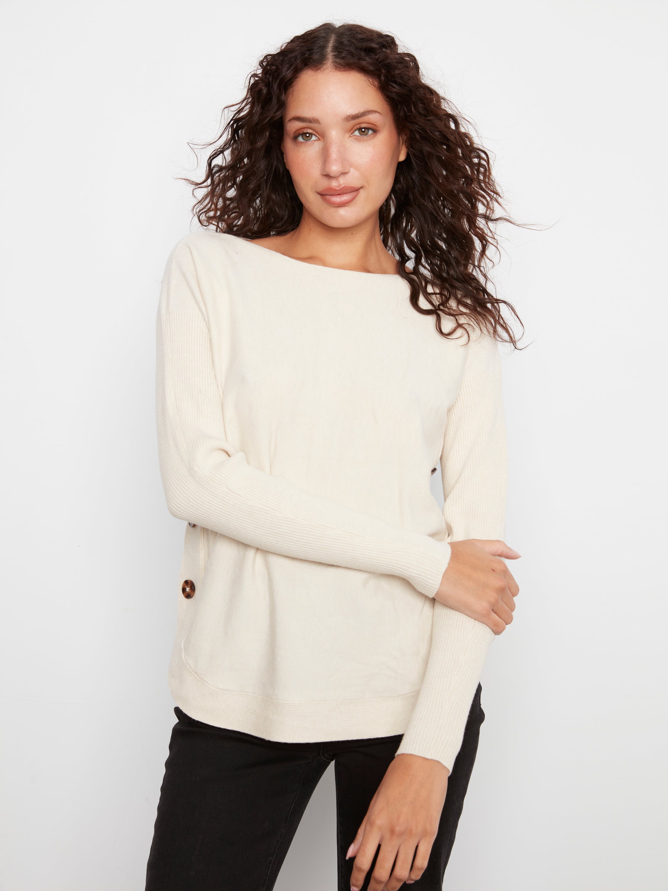 Boat Neck Sweater with Side Buttons