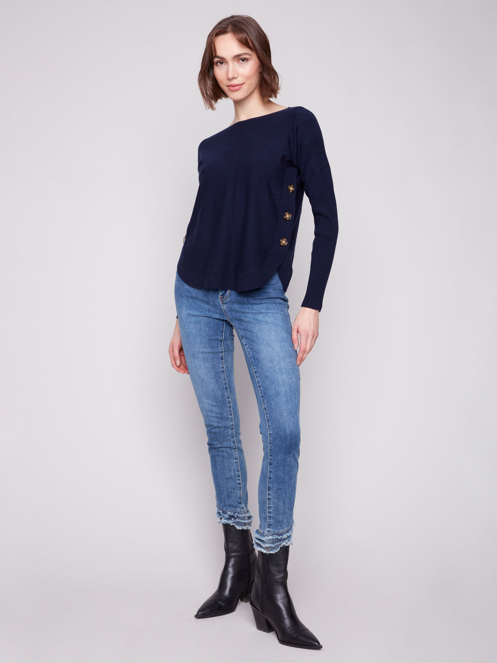 Boat Neck Sweater With Side Buttons