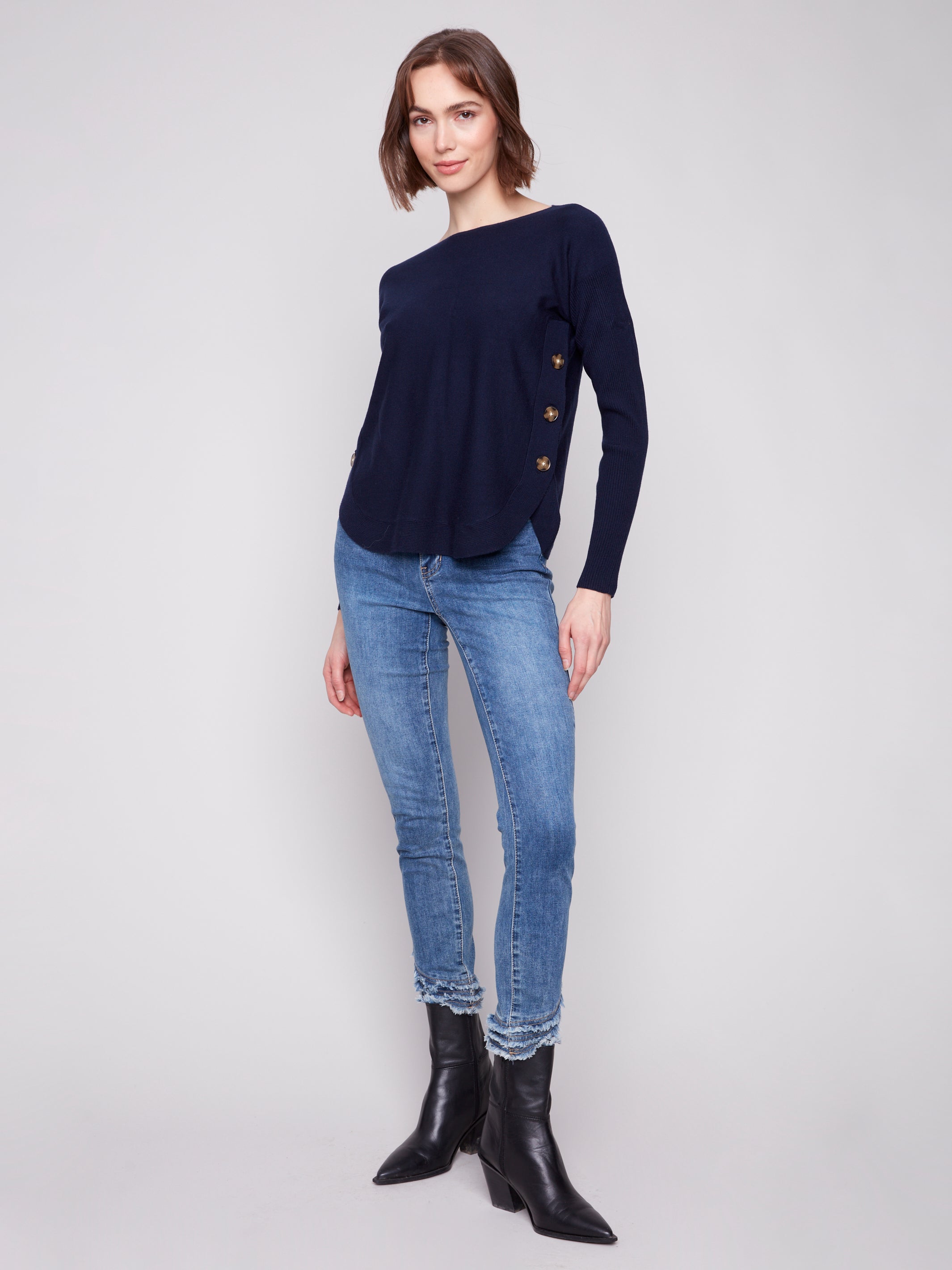 Boat Neck Sweater With Side Buttons