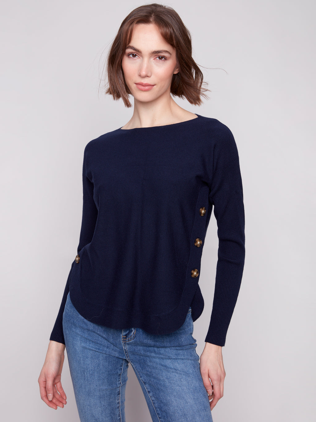 Boat Neck Sweater With Side Buttons