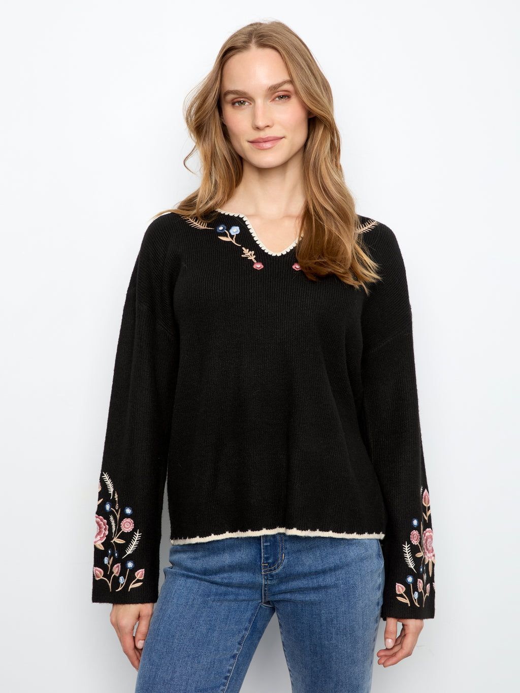 Embroidered Ribbed Sweater with Notch Neck