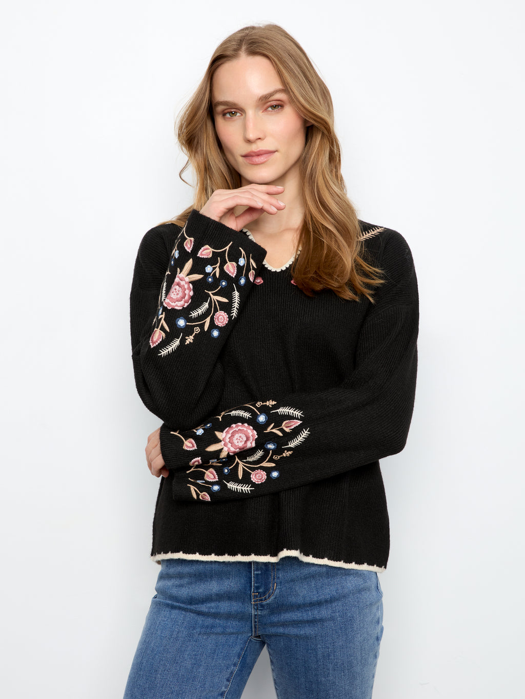 Embroidered Ribbed Sweater with Notch Neck