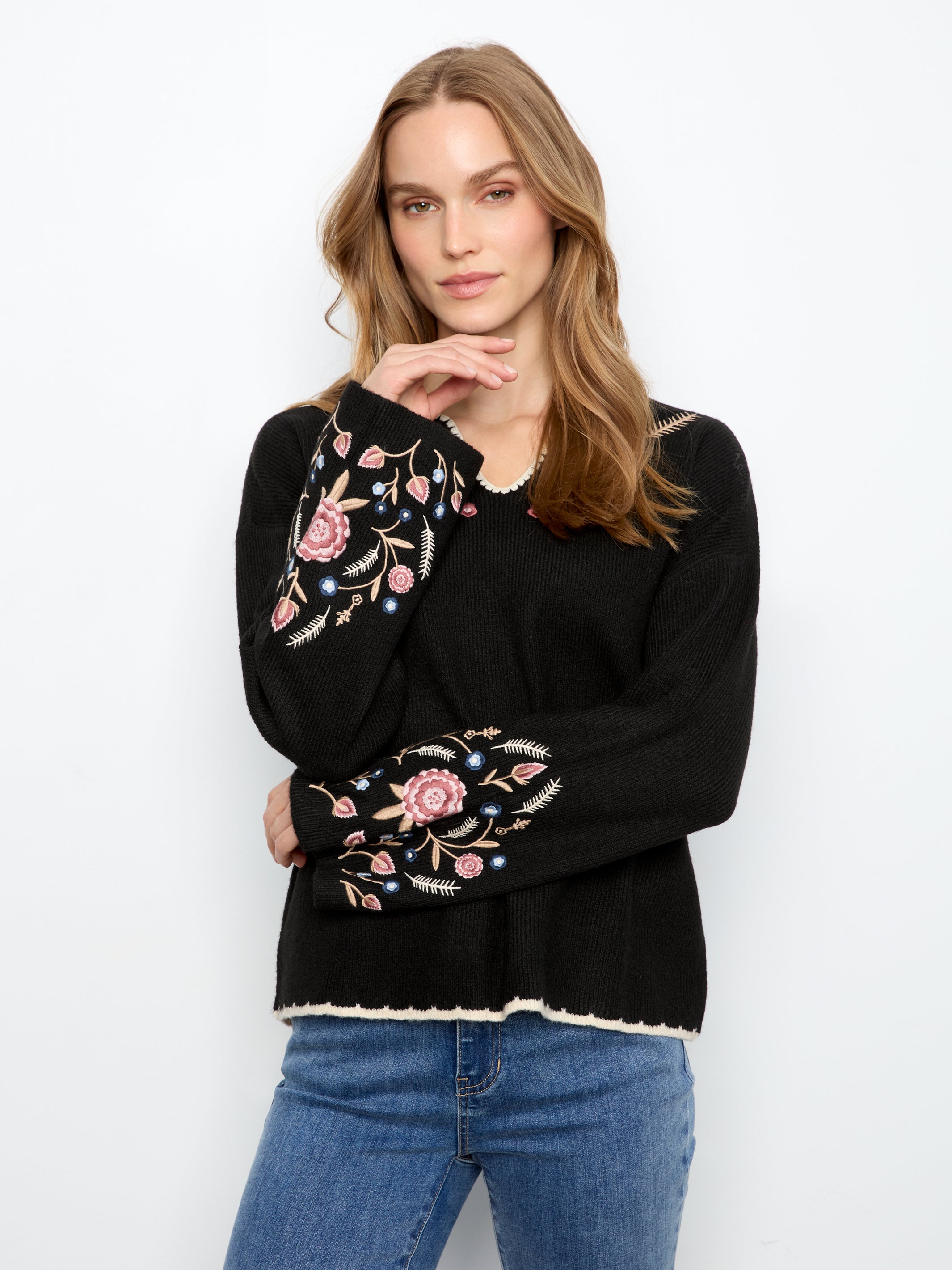 Embroidered Ribbed Sweater with Notch Neck