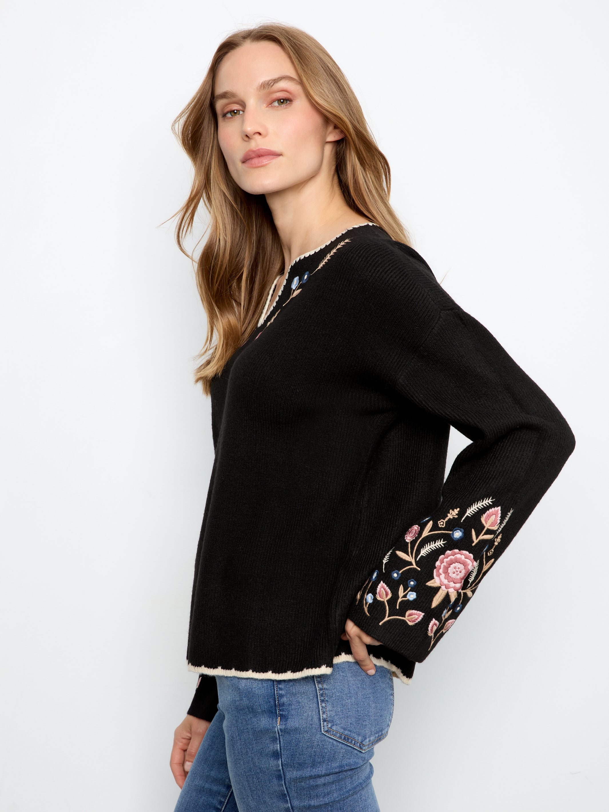 Embroidered Ribbed Sweater with Notch Neck