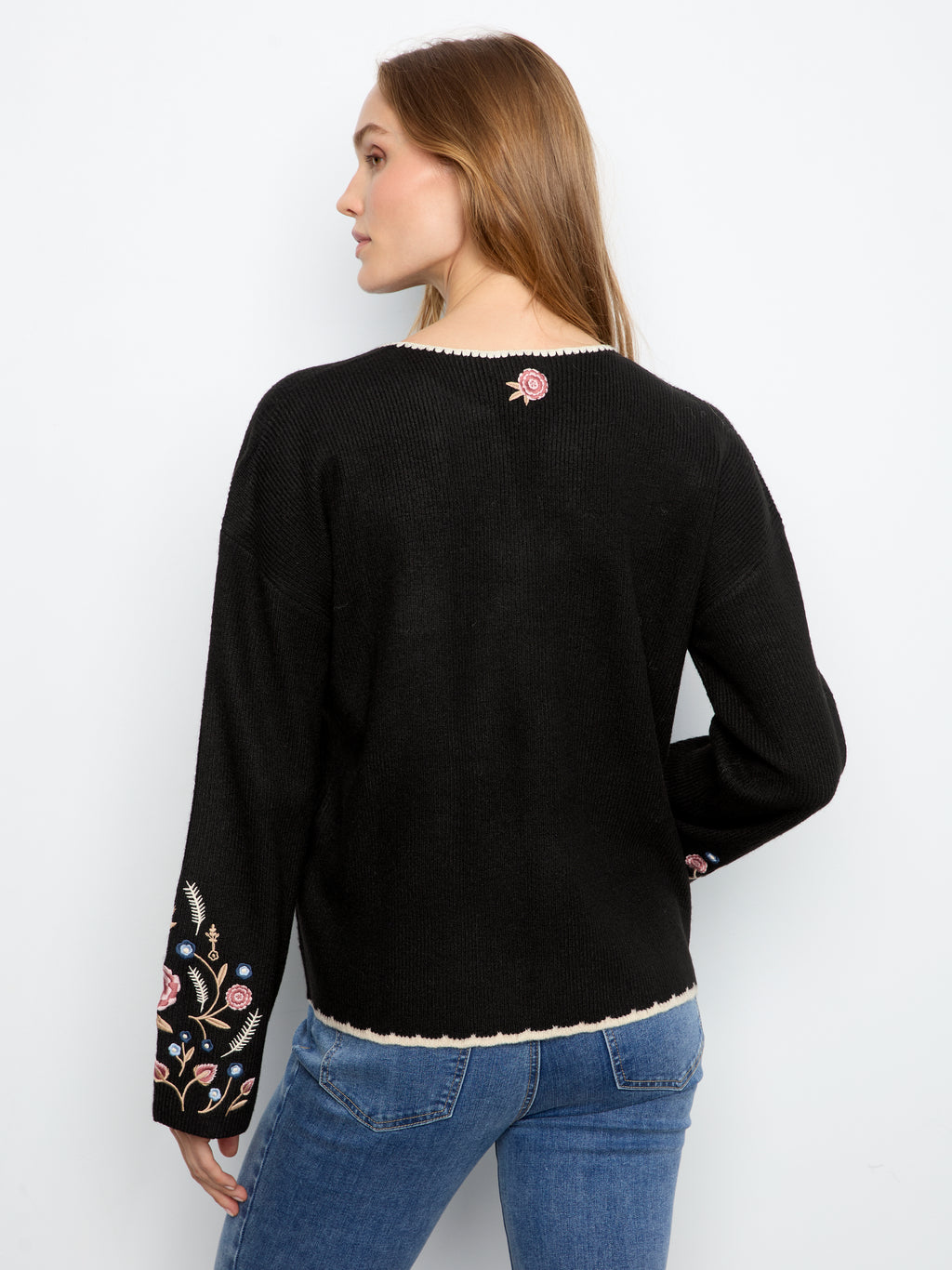 Embroidered Ribbed Sweater with Notch Neck