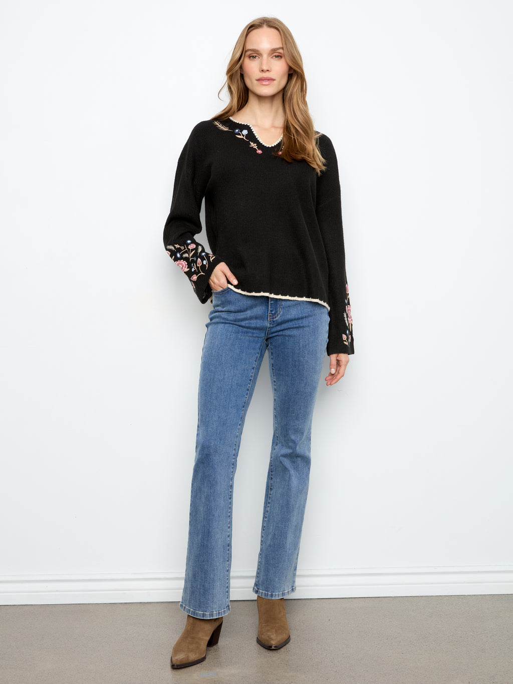 Embroidered Ribbed Sweater with Notch Neck
