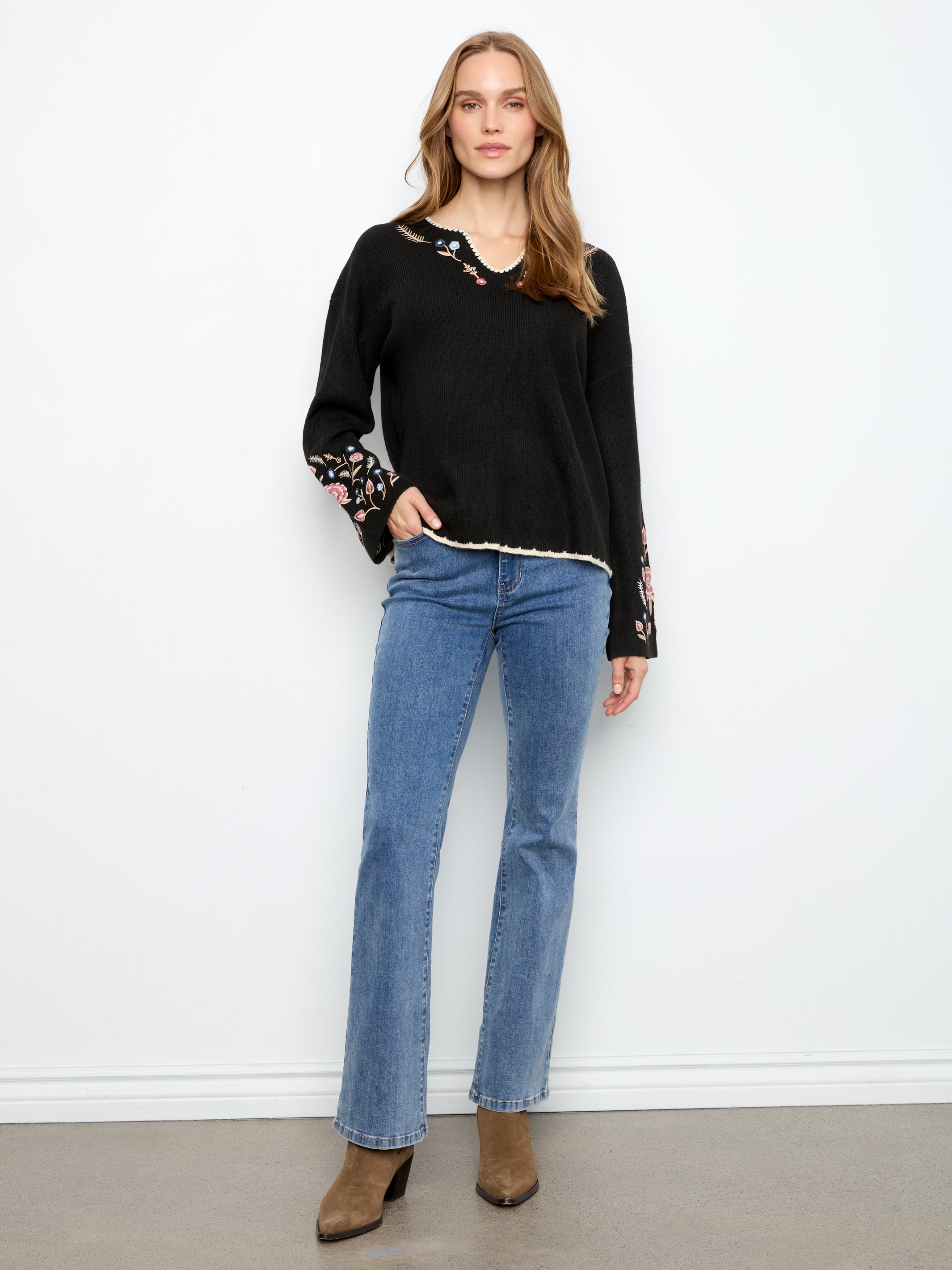Embroidered Ribbed Sweater with Notch Neck
