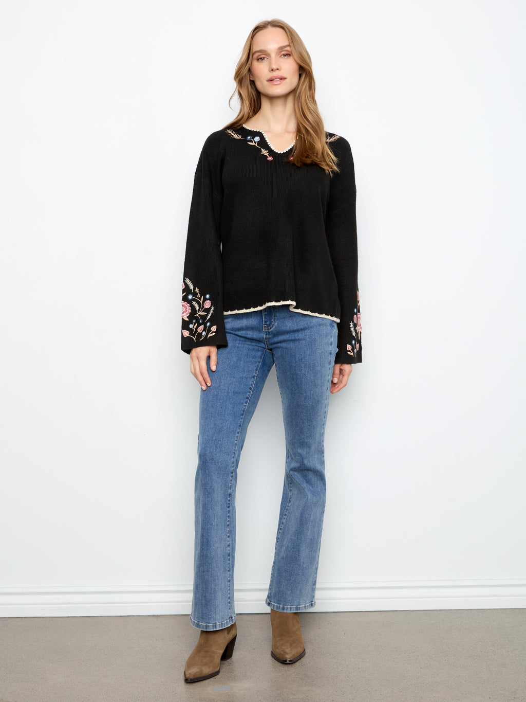 Embroidered Ribbed Sweater with Notch Neck