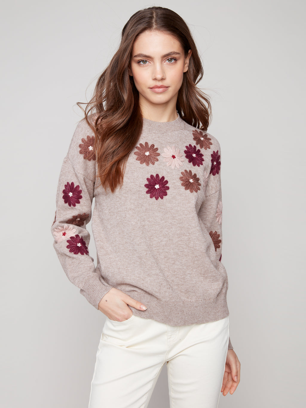 Floral Embroidery Crew Neck Sweater
