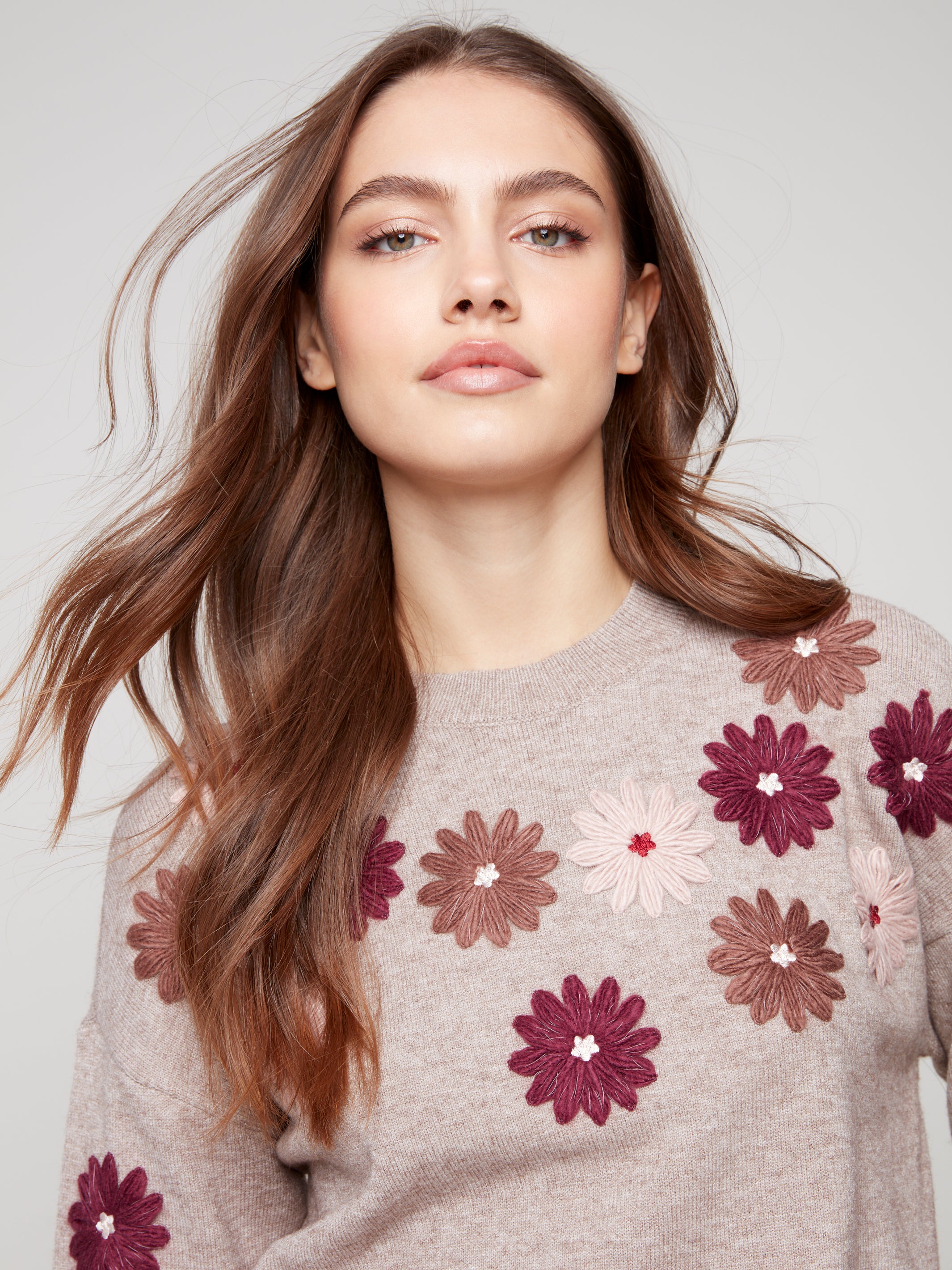 Floral Embroidery Crew Neck Sweater