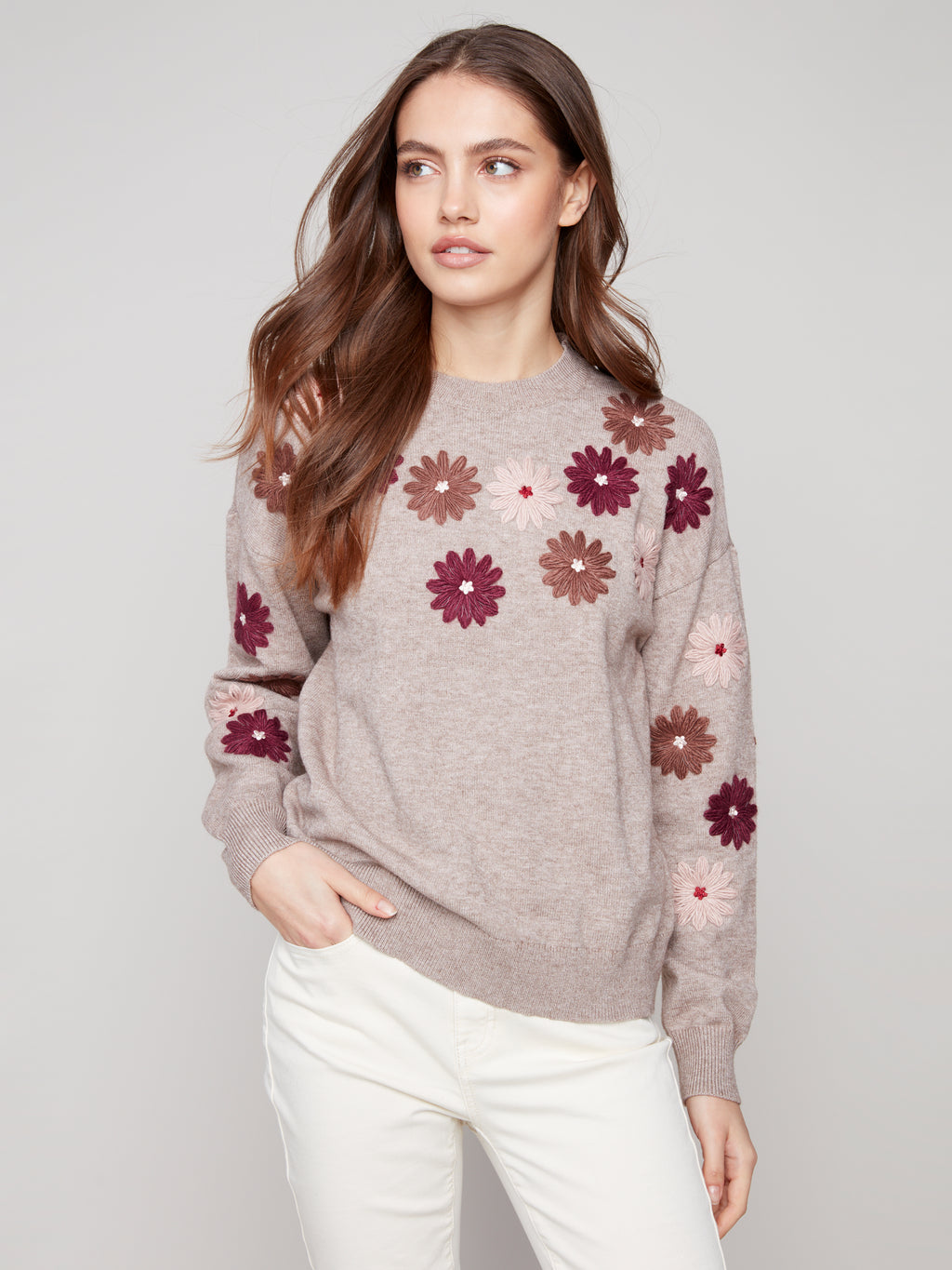 Floral Embroidery Crew Neck Sweater