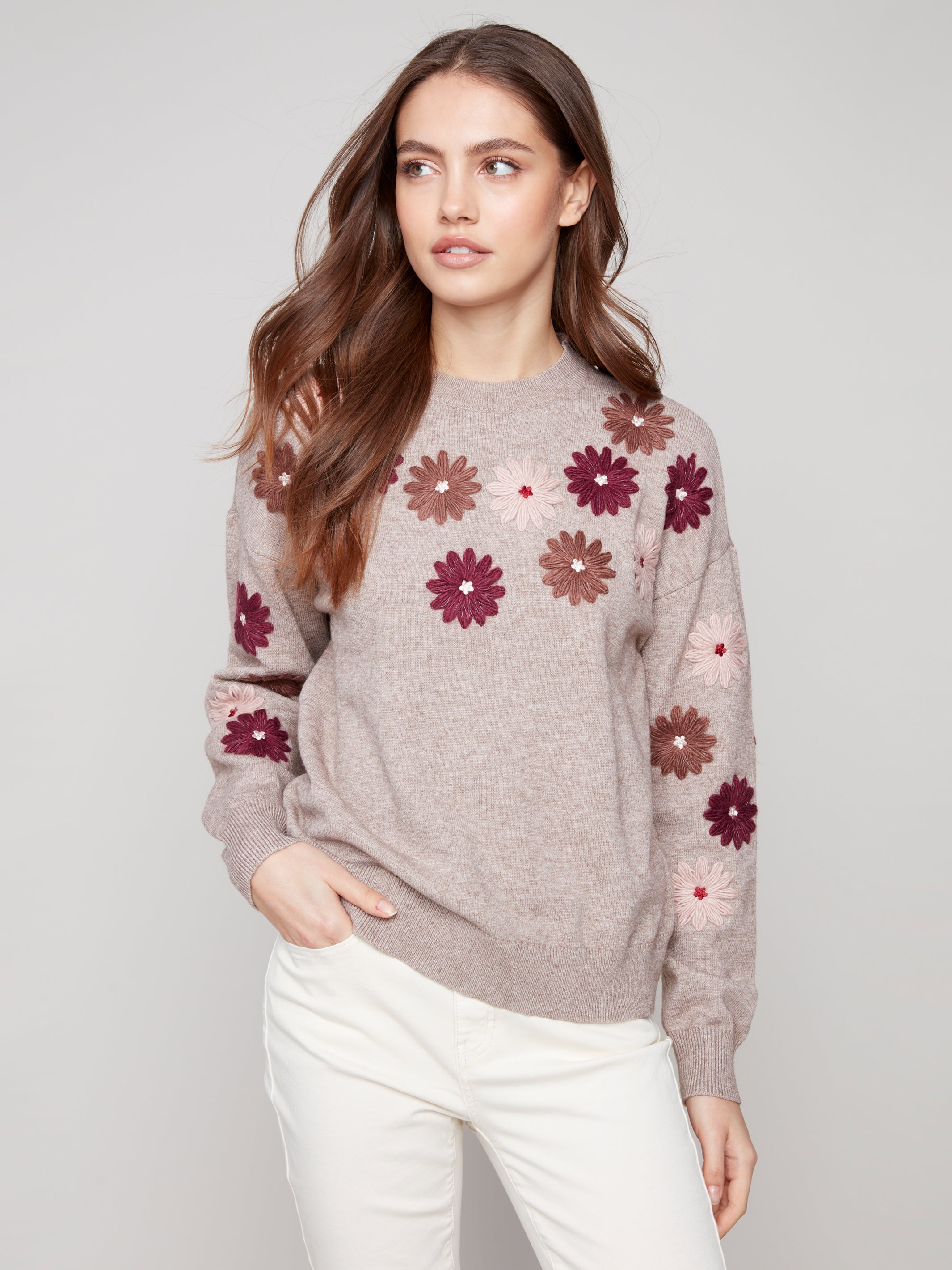 Floral Embroidery Crew Neck Sweater