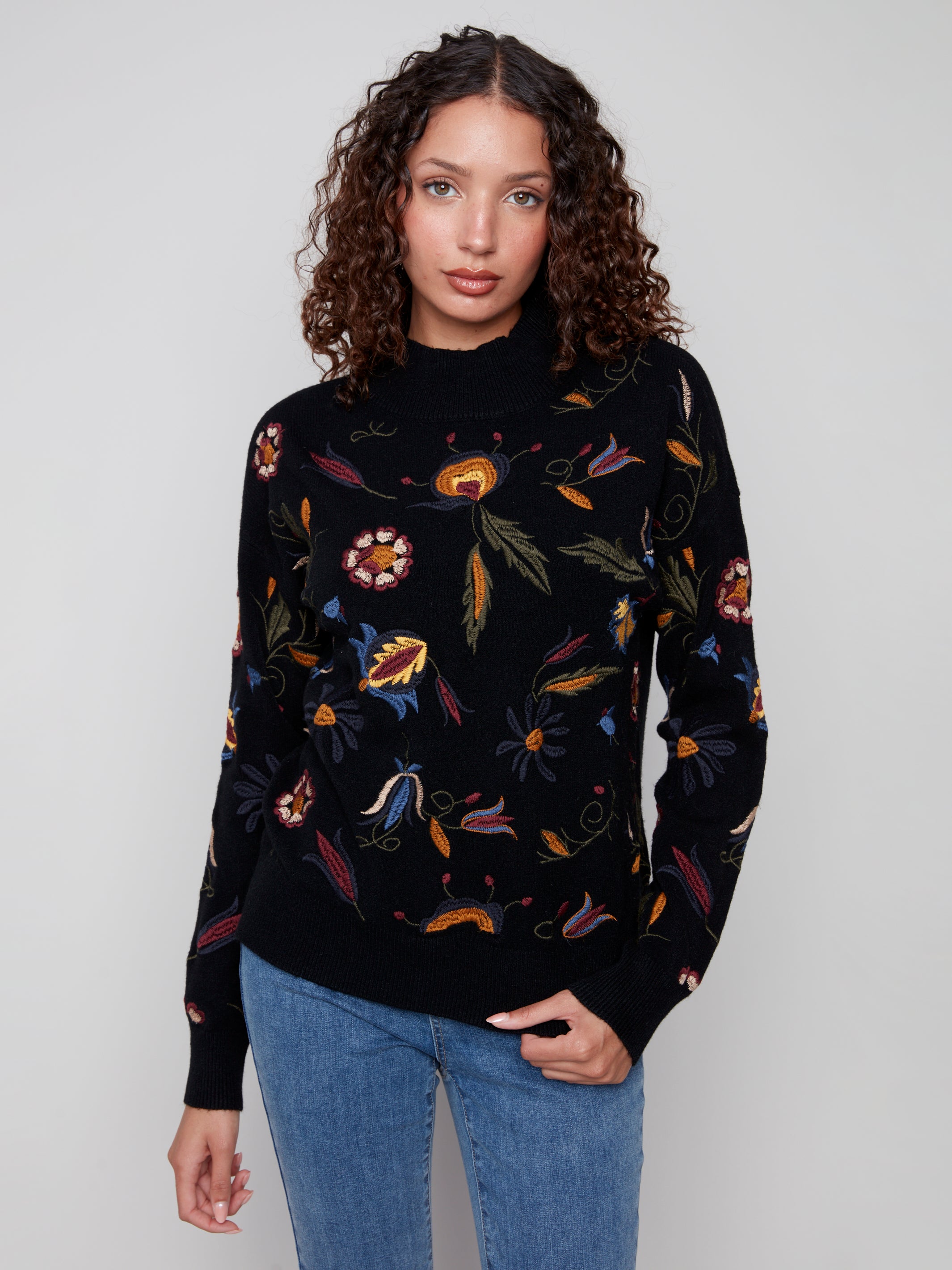 All Over Embroidered Mock Neck Sweater