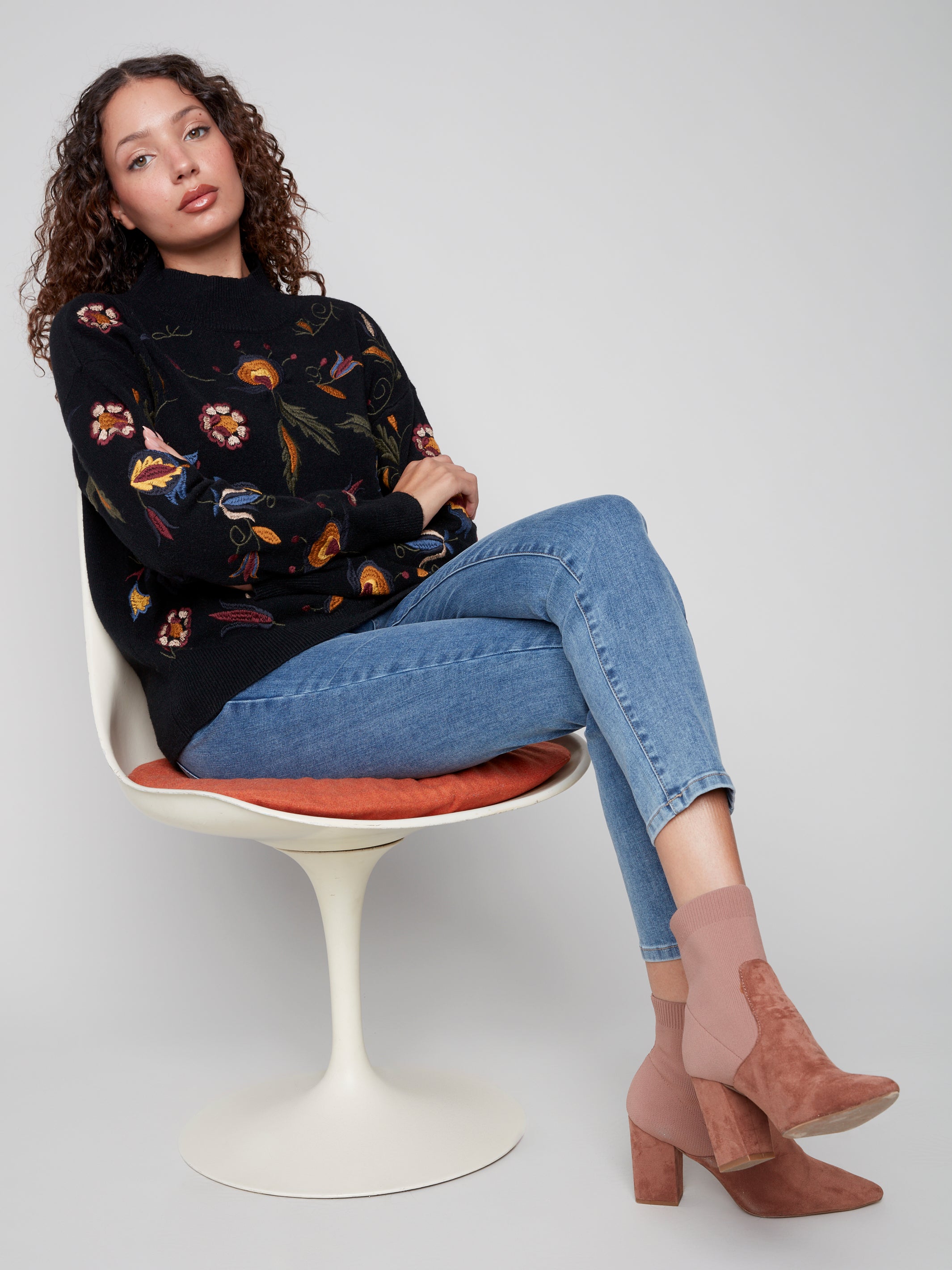 All Over Embroidered Mock Neck Sweater
