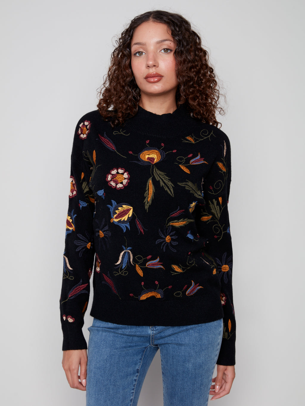 All Over Embroidered Mock Neck Sweater