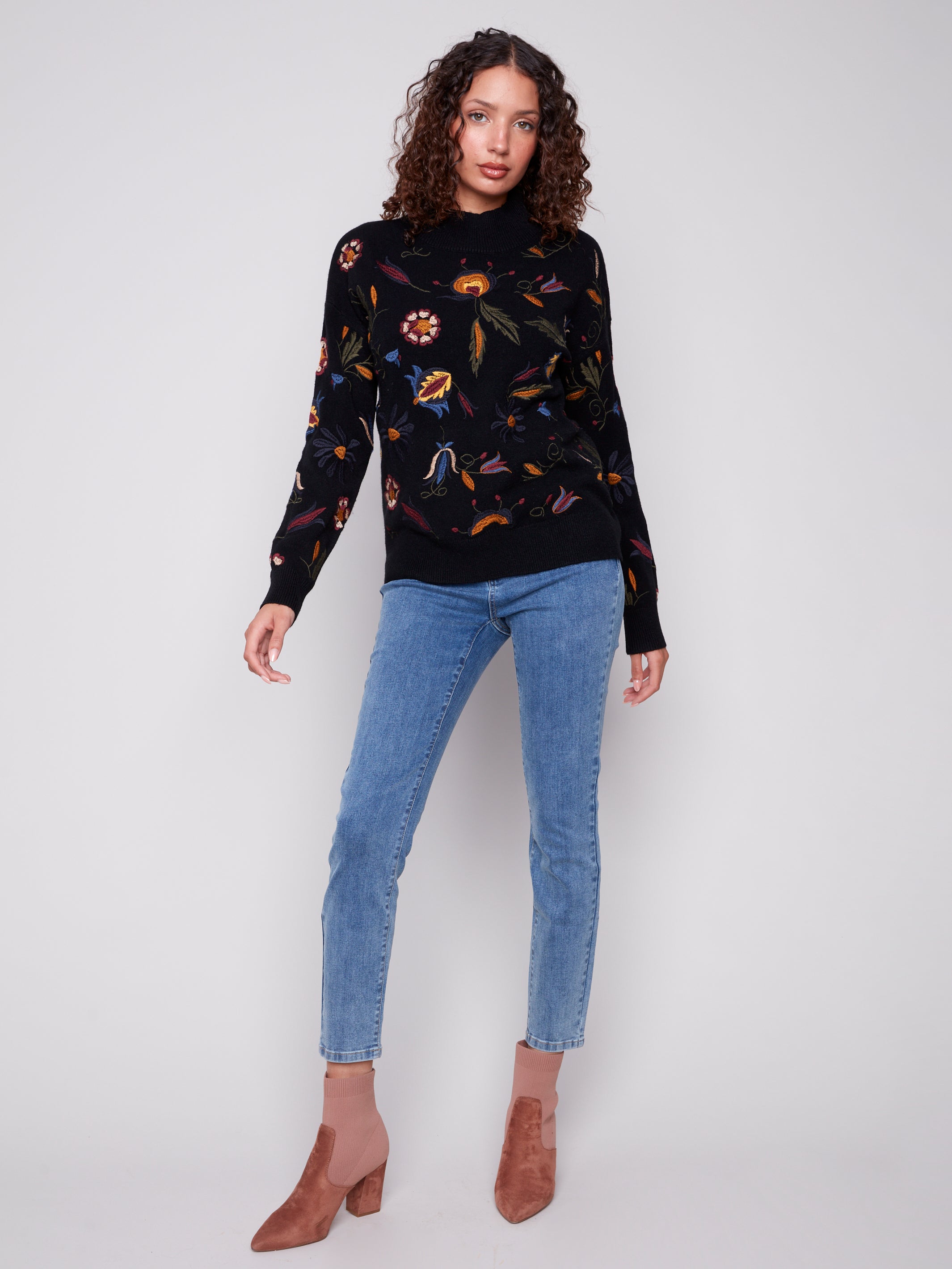 All Over Embroidered Mock Neck Sweater