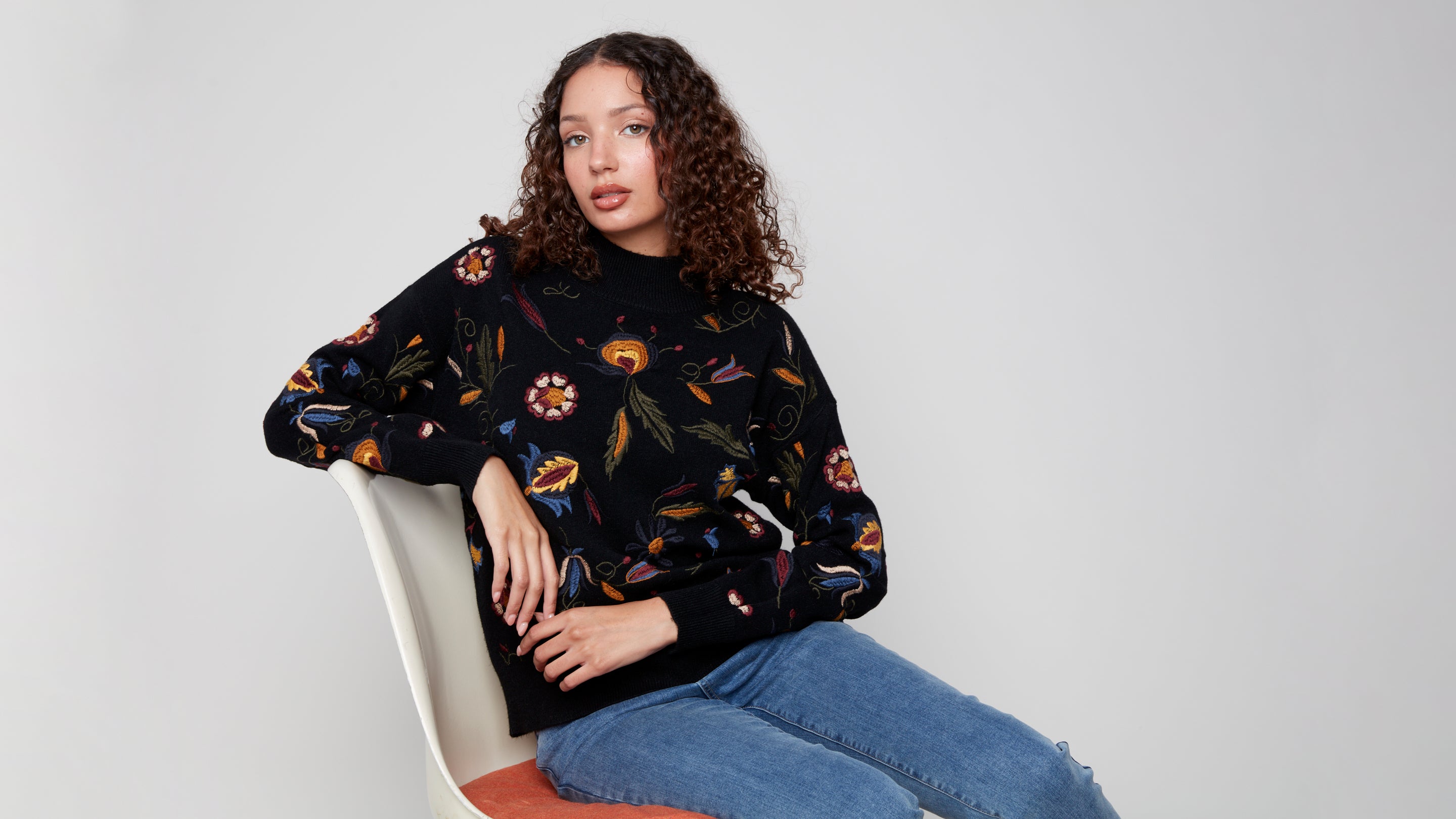 All Over Embroidered Mock Neck Sweater