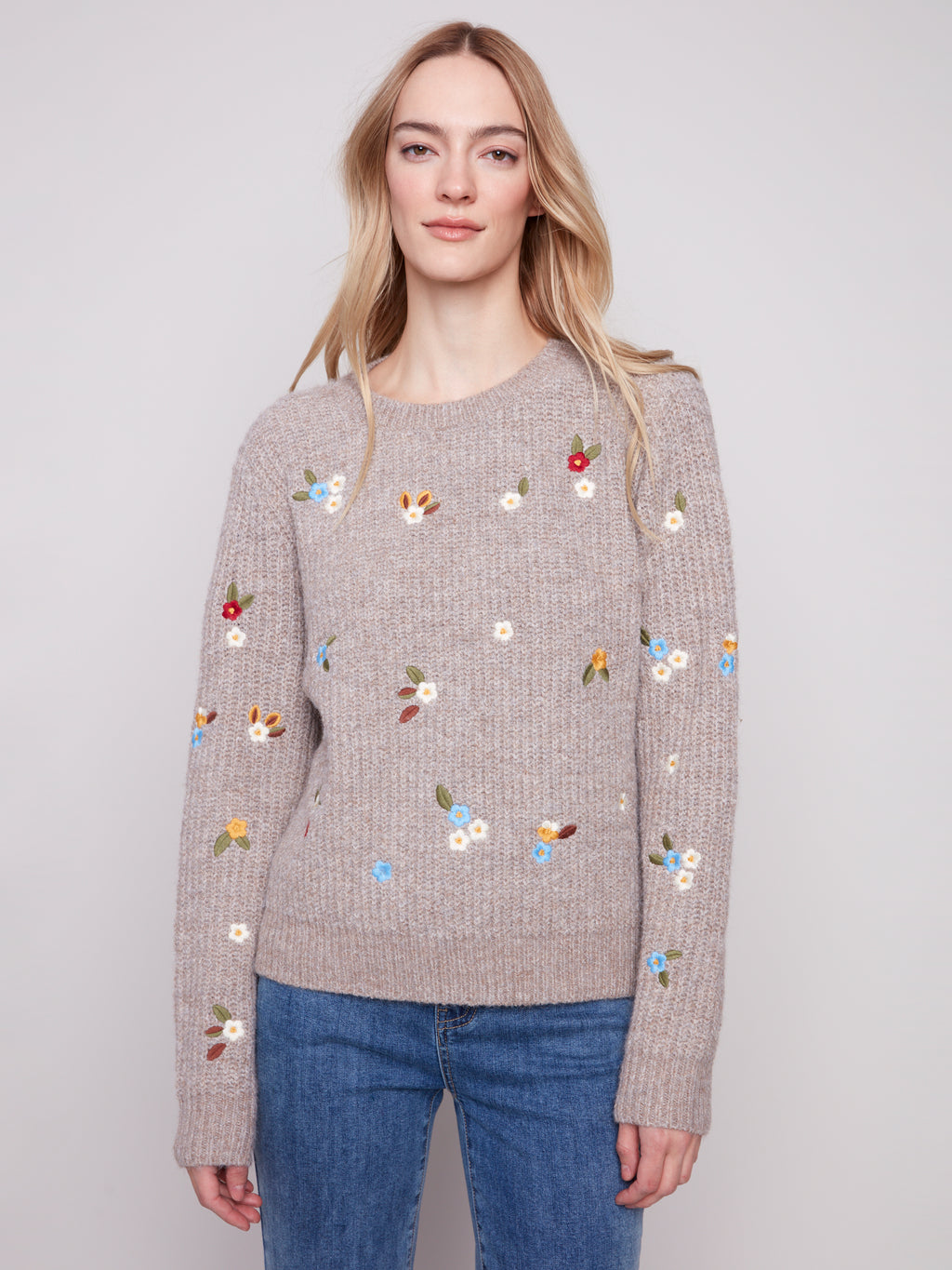 Crew Neck Sweater with Floral Embroidery