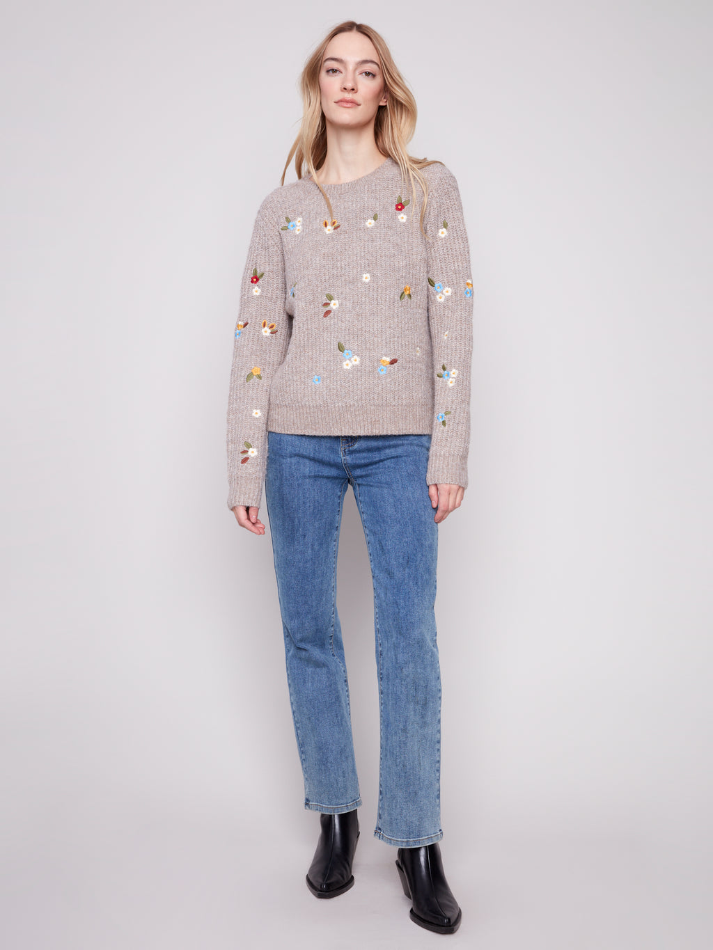 Crew Neck Sweater with Floral Embroidery