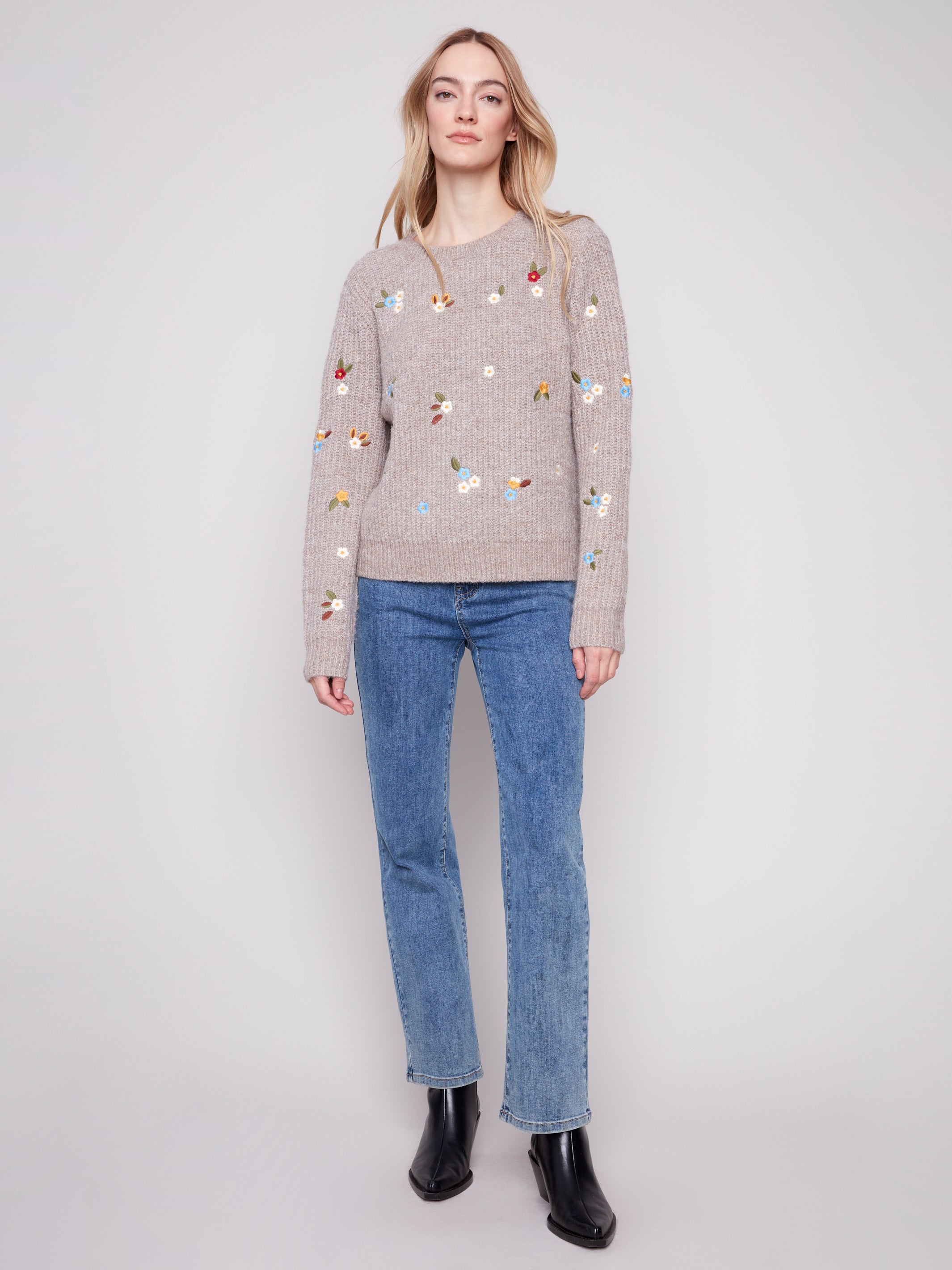 Crew Neck Sweater with Floral Embroidery