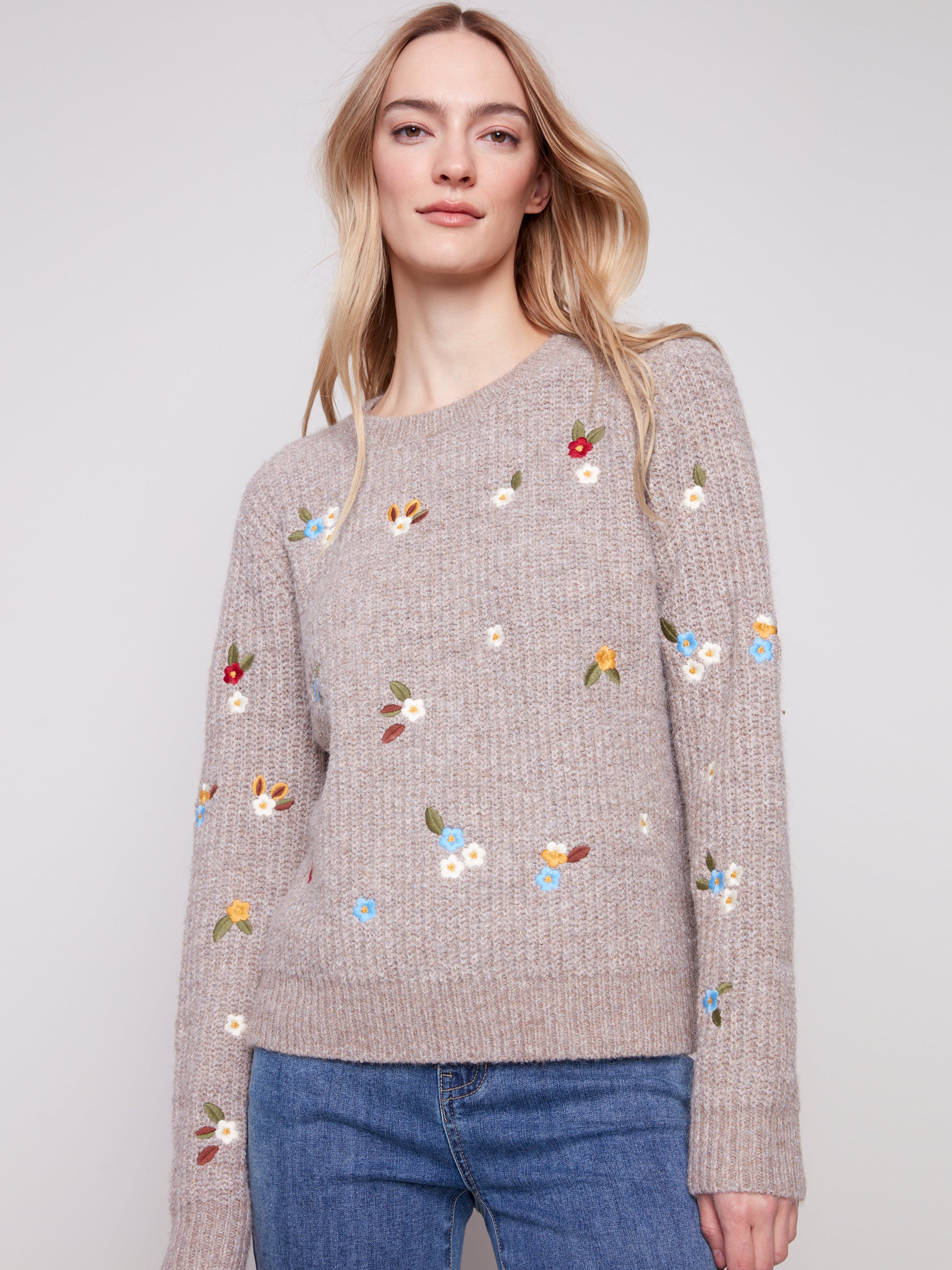 Crew Neck Sweater with Floral Embroidery