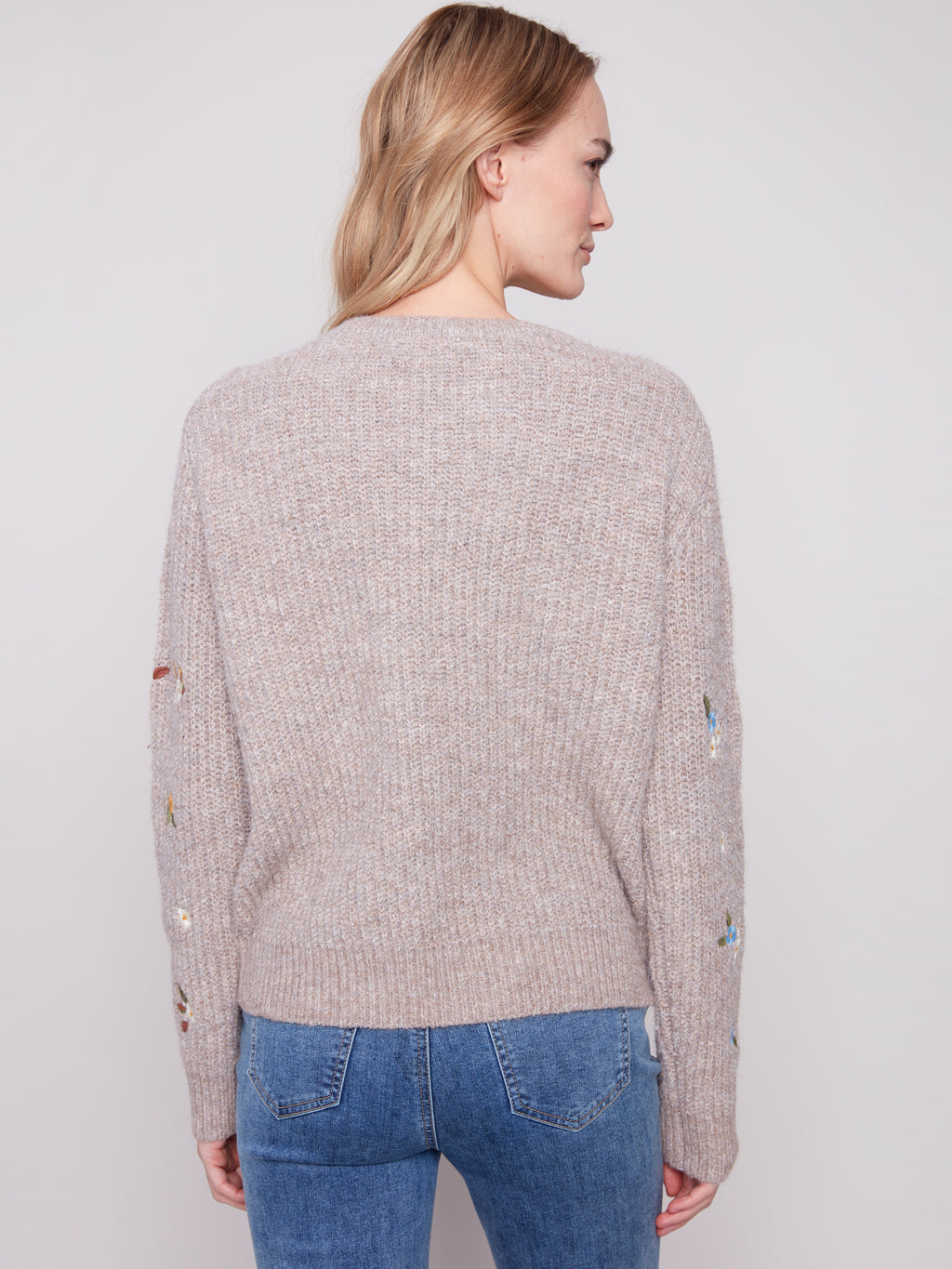 Crew Neck Sweater with Floral Embroidery