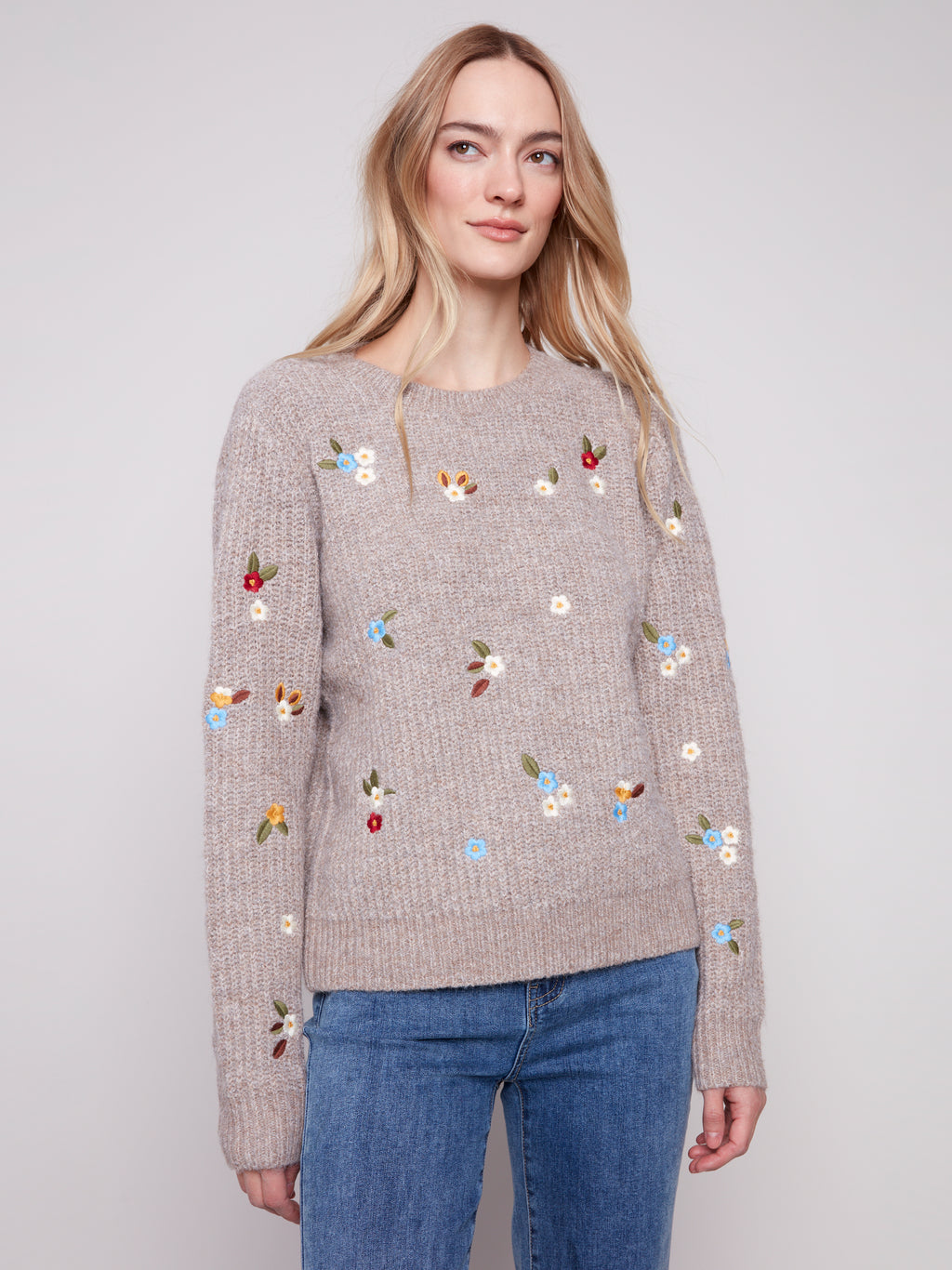 Crew Neck Sweater with Floral Embroidery