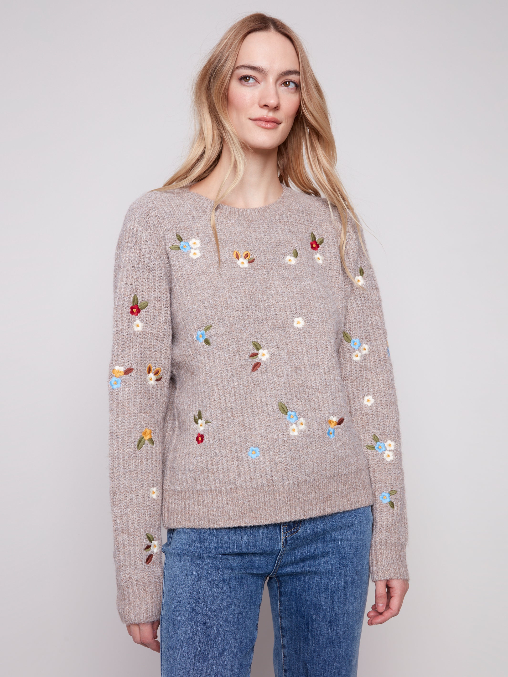 Crew Neck Sweater with Floral Embroidery