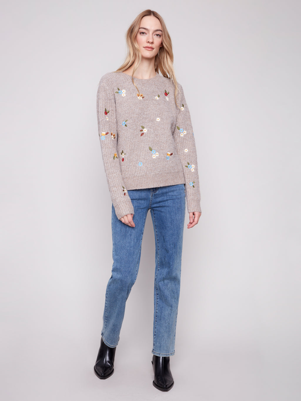 Crew Neck Sweater with Floral Embroidery