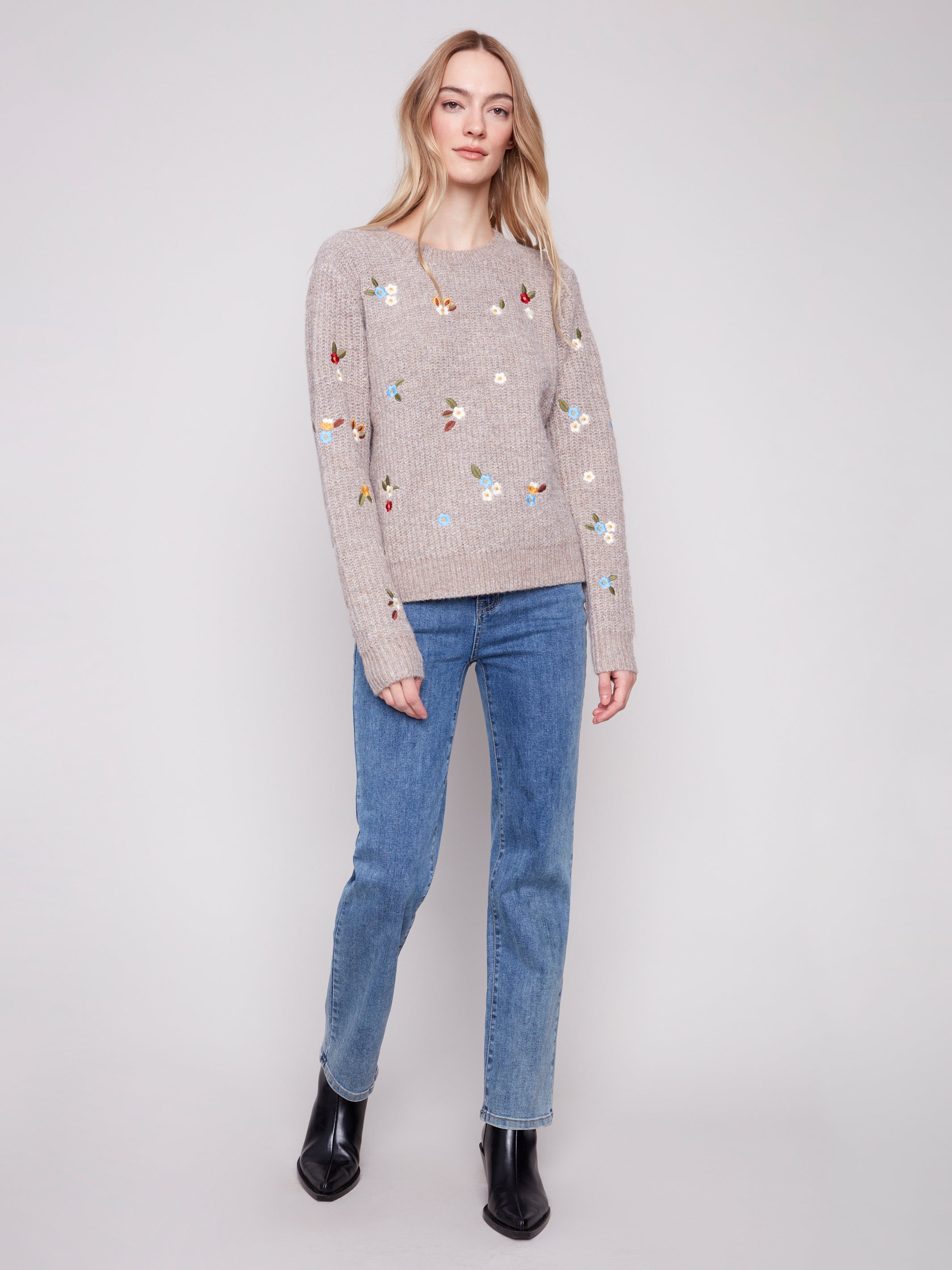 Crew Neck Sweater with Floral Embroidery