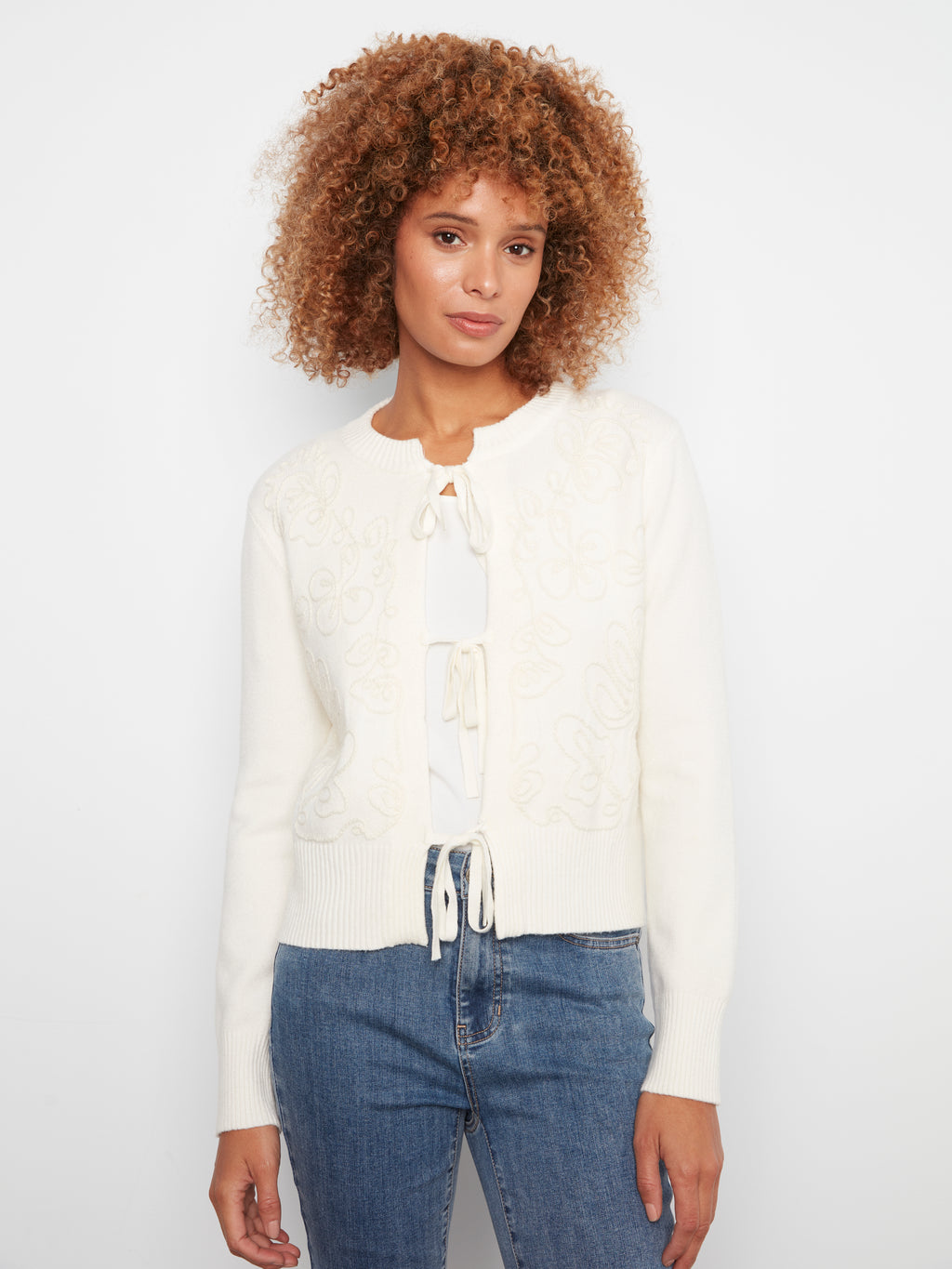 Bow Tie Front Jacquard Cardigan