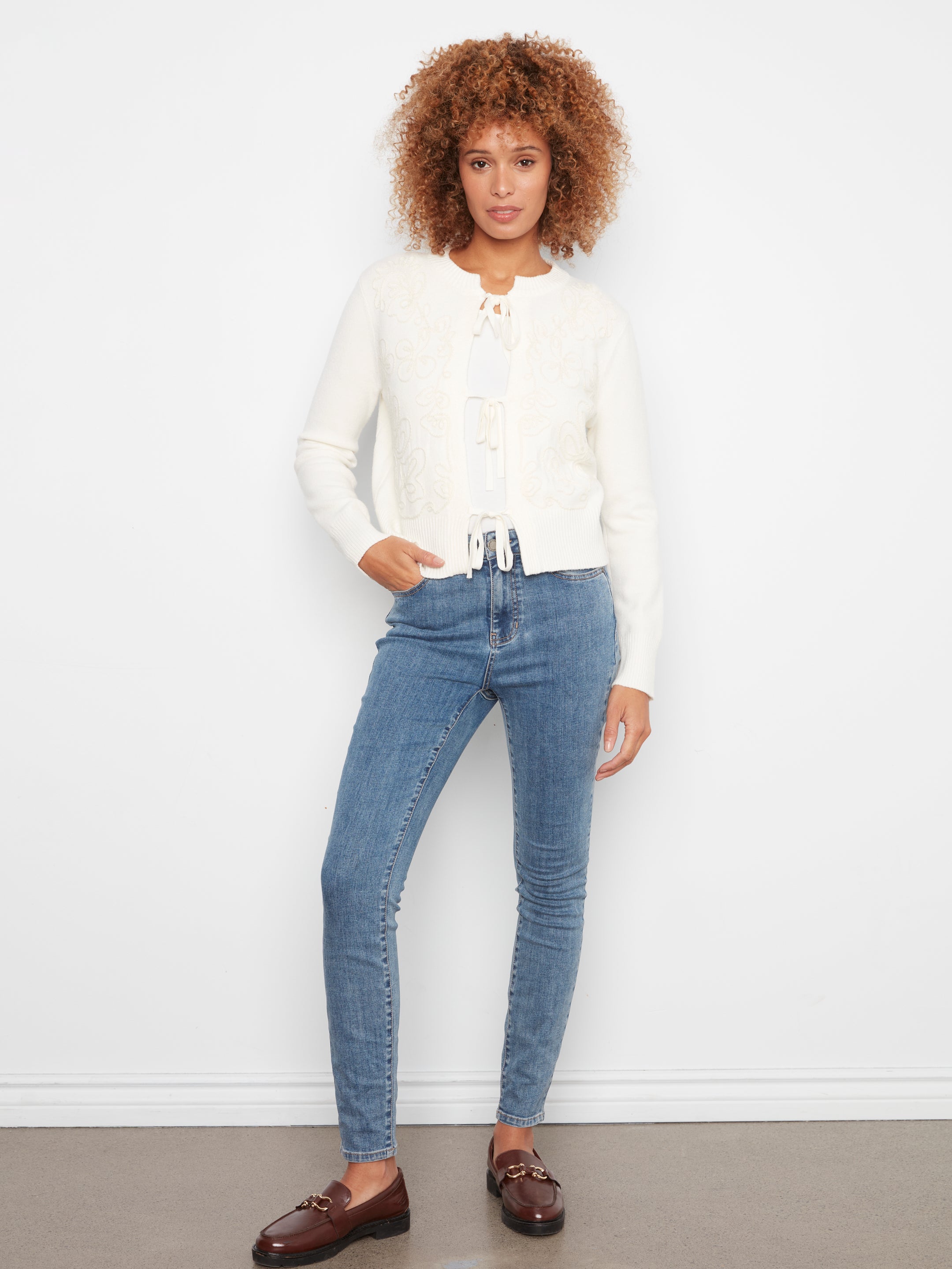 Bow Tie Front Jacquard Cardigan