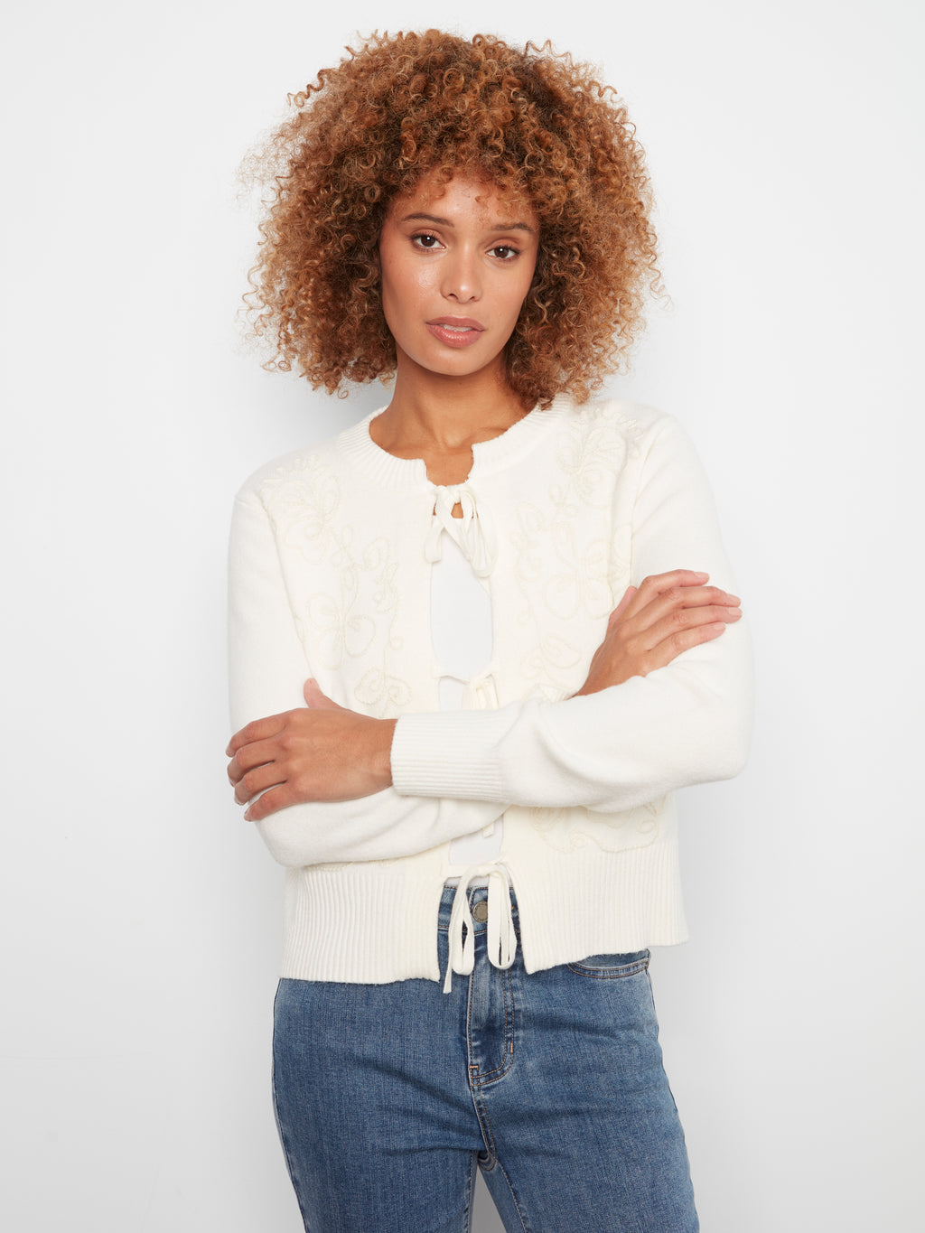 Bow Tie Front Jacquard Cardigan
